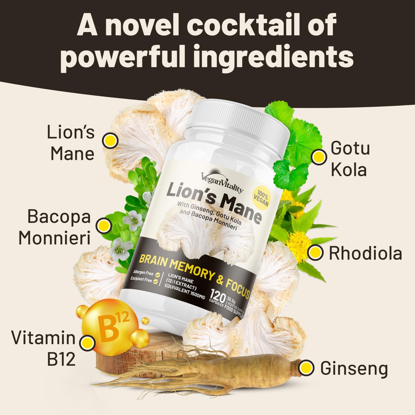 Vegan Vitality Lions Mane Mushroom Extract Capsules 120 Capsules