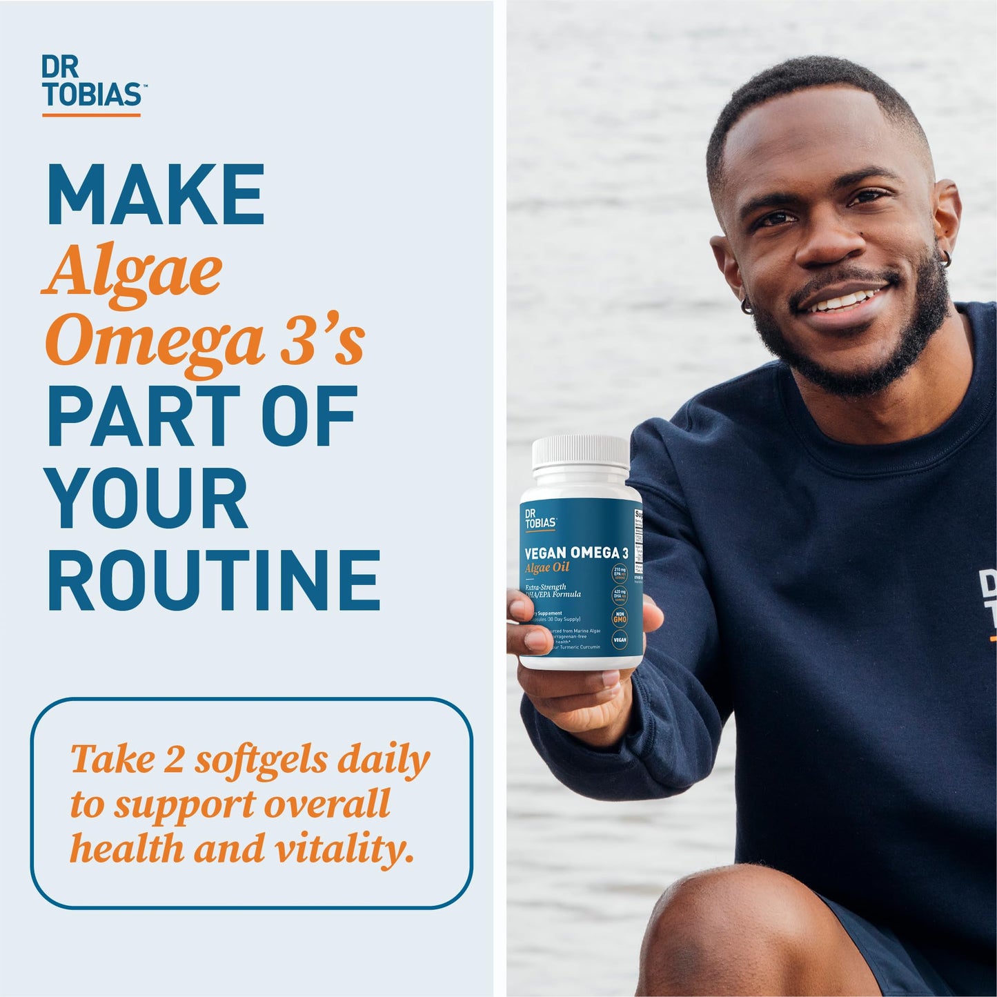Dr. Tobias Vegan Omega 3 Supplement 1400mg Algae Oil, 420mg DHA, and 210mg EPA per Serving, Non-GMO, Gluten-Free, Carrageenan-Free, Capsule, 60 Count
