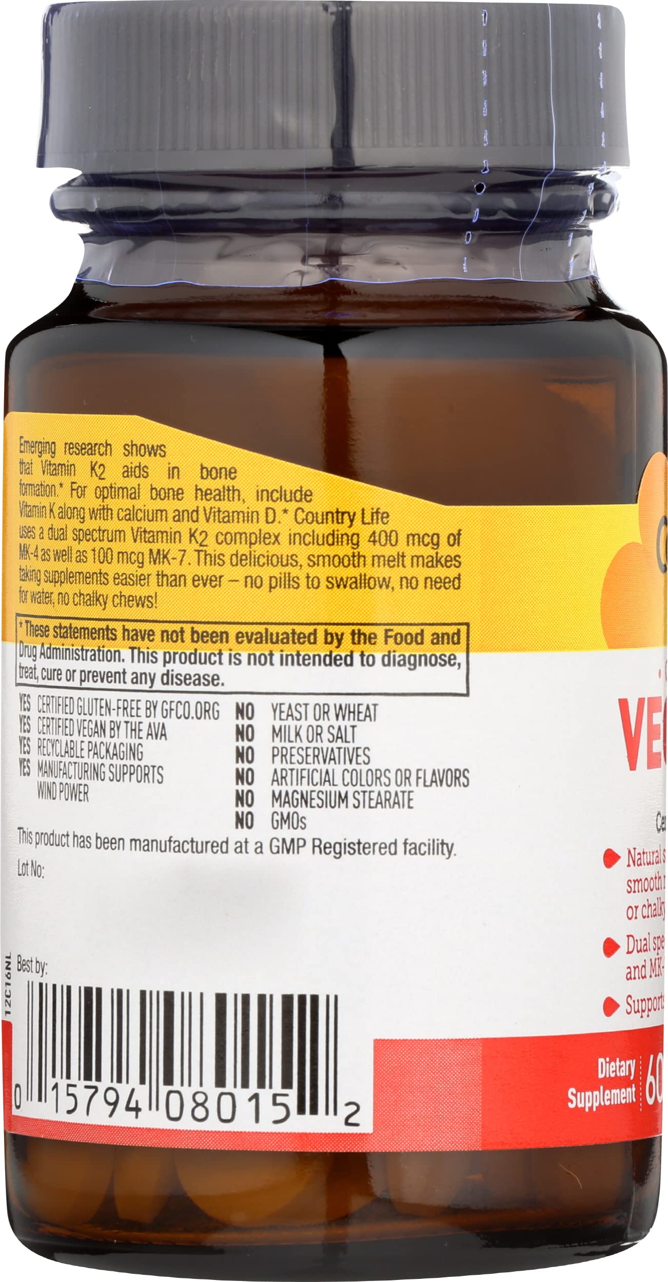Country Life Vegan K2 Melts 500 MCG Chewable 60 Count