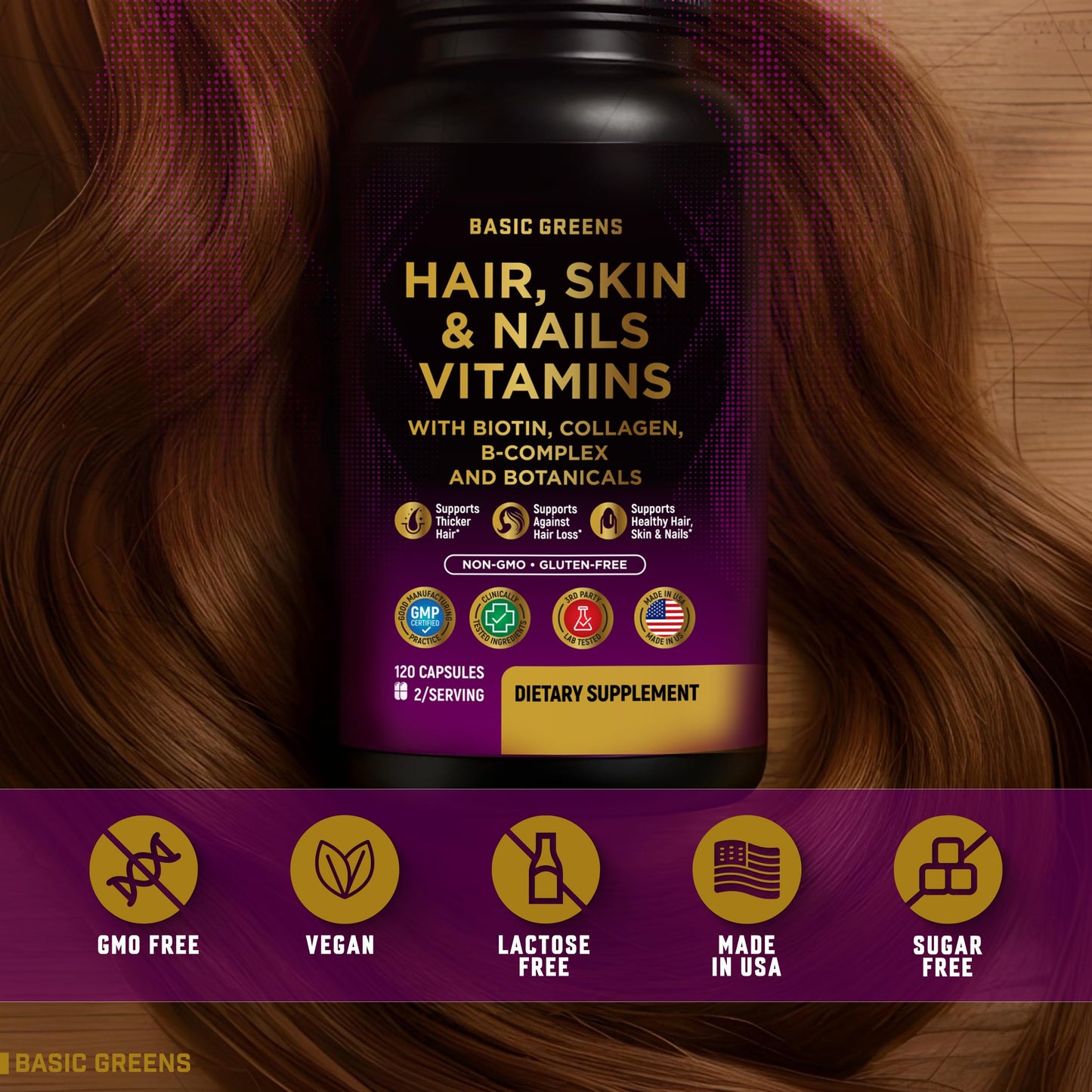 BASIC GREENS Hair, Skin & Nails Vitamins with Biotin 10000 mcg, Collagen & B-Complex – Supports Healthy Hair, Glowing Skin & Strong Nails – Non-GMO, Gluten-Free, 120 Capsules