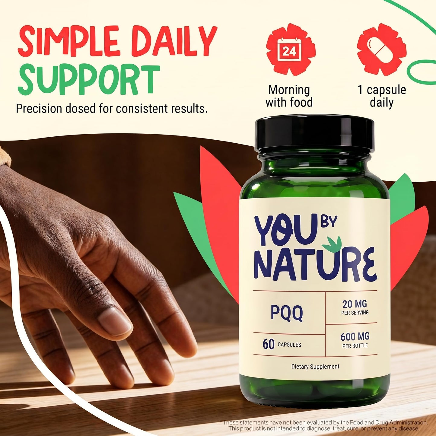YOUBYNATURE PQQ Supplement 40mg - Pyrroloquinoline Quinone Veggie Capsules, 60 Capsules