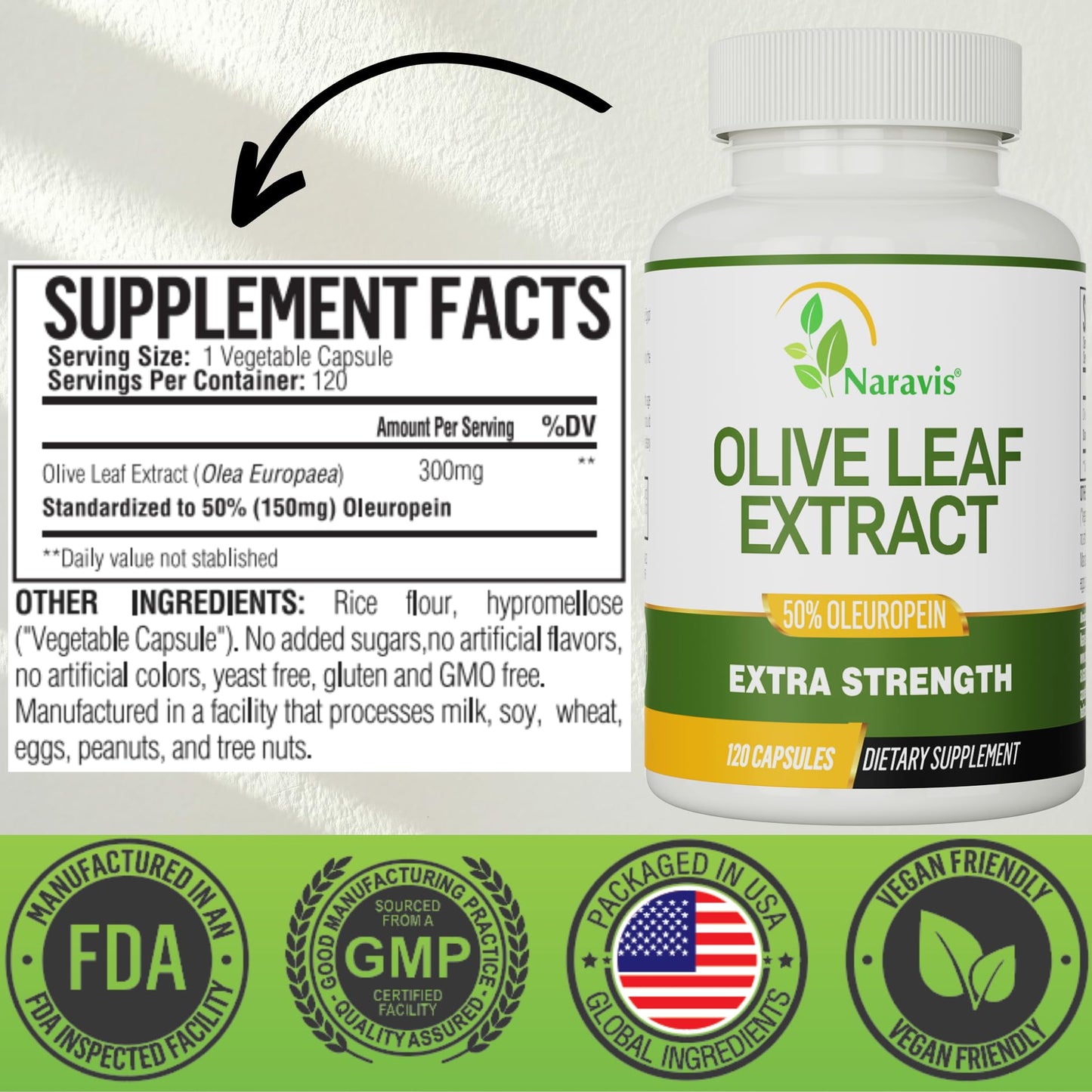 Naravis Olive Leaf Extract 50% Oleuropein Immune Support Capsules 120