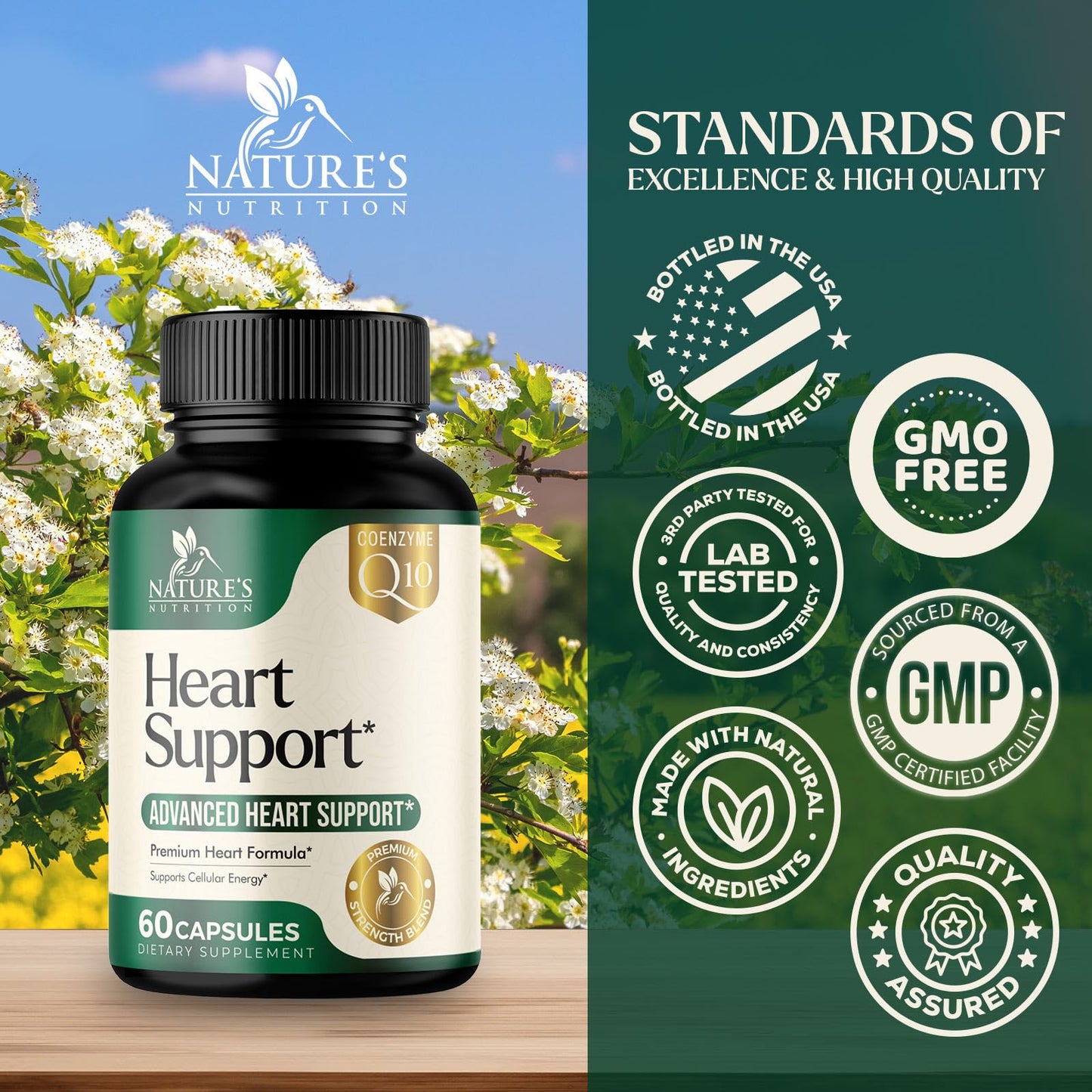 Nature's Nutrition Heart Health Supplement – Complete Heart Support Formula for Women & Men, with CoQ10, B Vitamins, L-Arginine, Hawthorn, Resveratrol – Natural Nitric Oxide Energy Production – Made USA, 60 Capsules