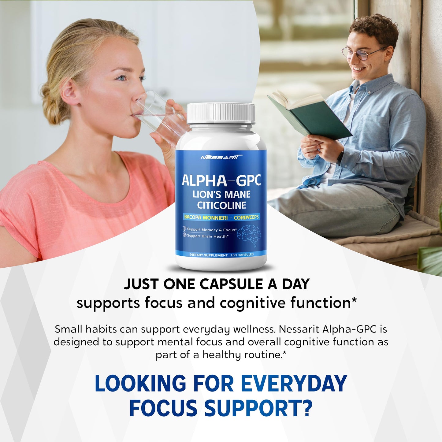NESSARIT Liposomal Alpha-GPC, Lion’s Mane, Citicoline, Bacopa Monnieri & Cordyceps – Support Memory, Focus & Brain Health – 150 Capsules