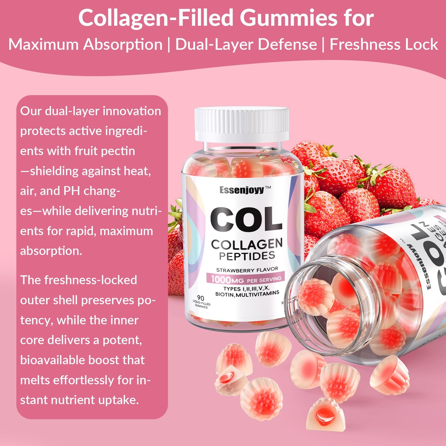 ESSENJOYY Liquid Filled Collagen Peptides Gummies, 1000mg with Biotin, Vitamin C, E, Sugar Free, Peach Flavor, 90 Count