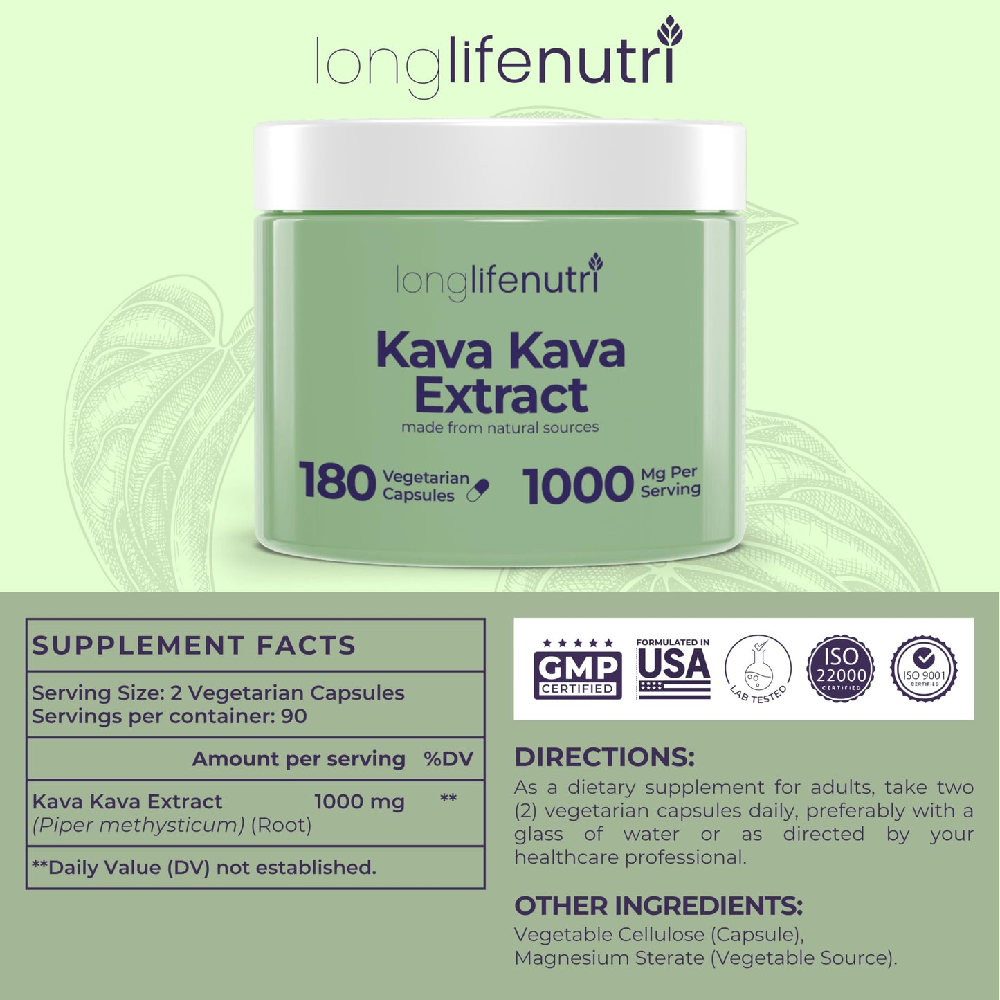 LongLifeNutri Kava Kava Extract 1000mg Capsules, 180 Count
