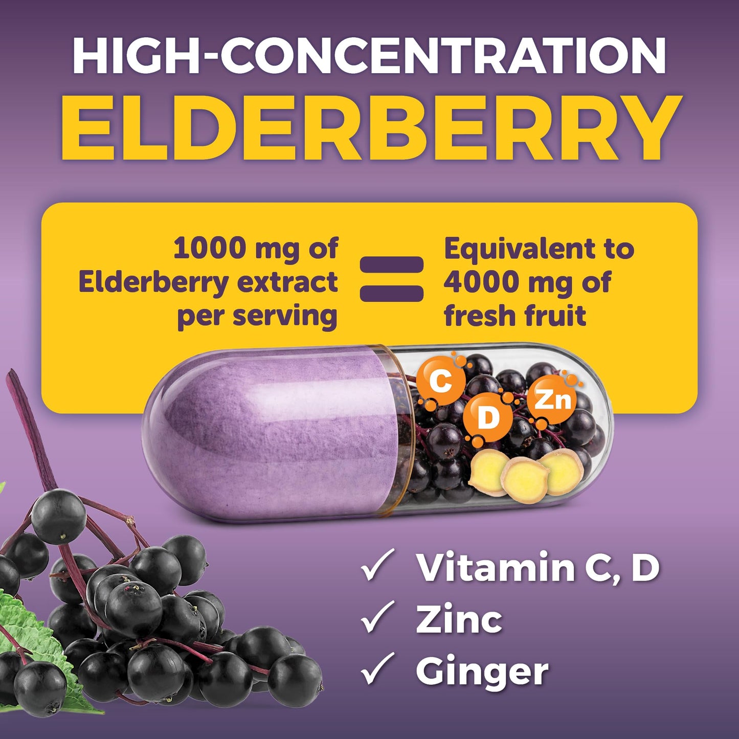 Viva Naturals Black Elderberry 1000mg with Vitamin C, D3 5000 IU & Zinc - 5-in-1 Immune Support Sambucus Elderberry Capsules with Ginger, 60 Capsules