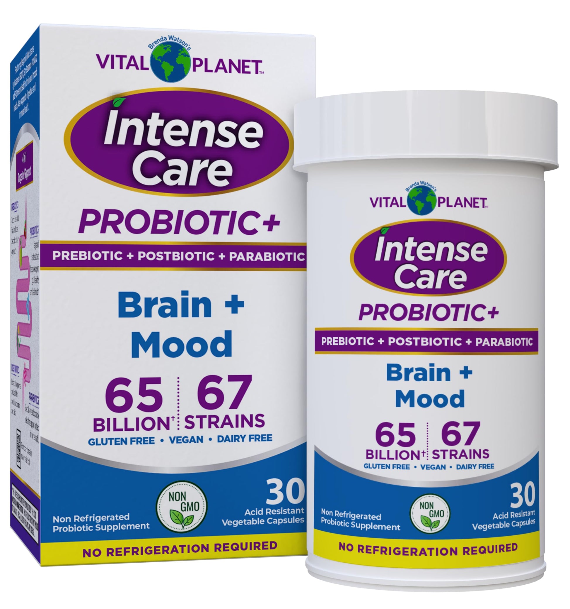 Vital Planet Intense Care Brain & Mood Probiotics, Organic Prebiotics, Postbiotics, Parabiotics, Complete 4-in-1 Health Supplement for Adults, 65 Billion CFU, 67 Strains, Digestive and Immune Capsules 30