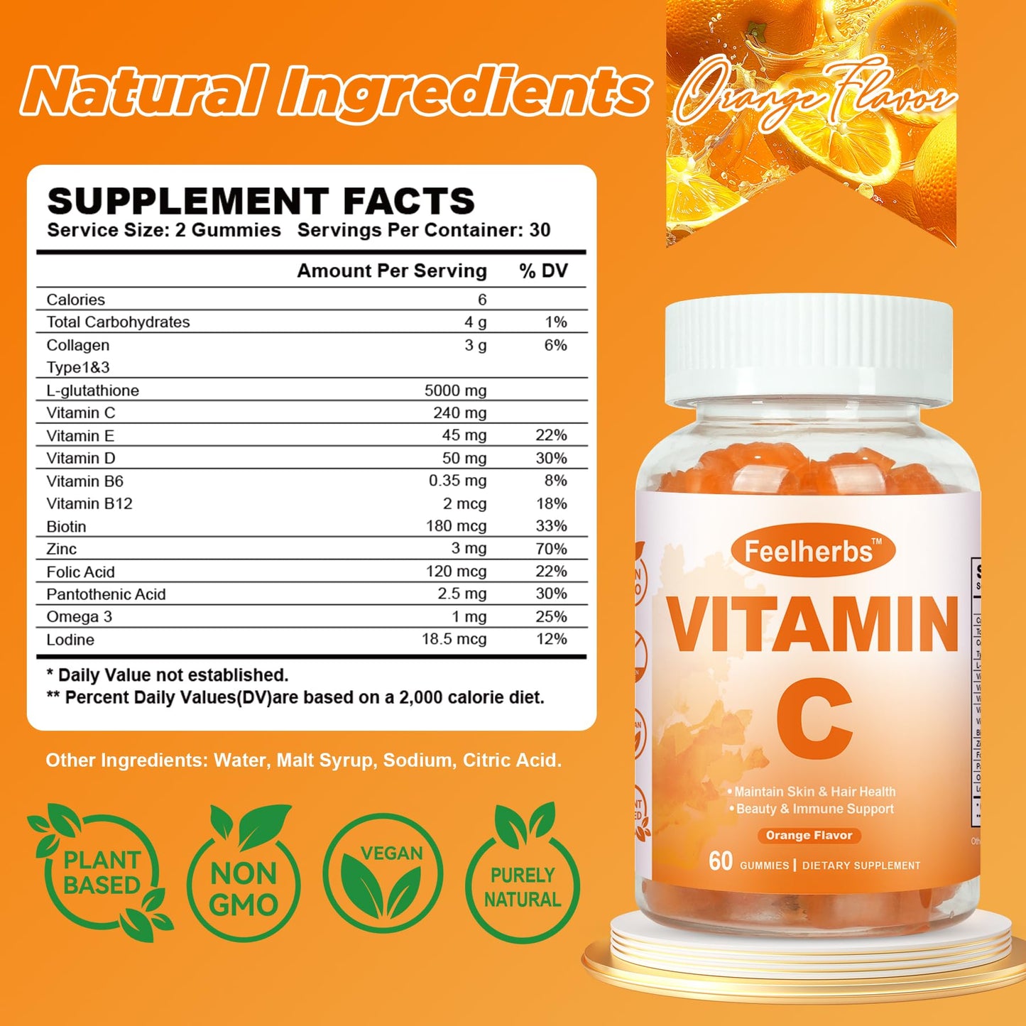 Feelherbs Chewable Vitamin C Gummies 240mg, Natural Orange Flavor, 60 Gummies