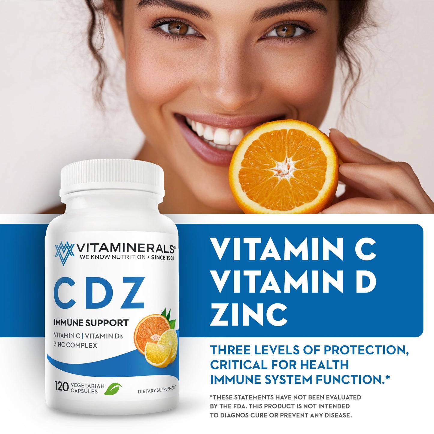 Vitaminerals CDZ Vitamin C 1000mg, Vitamin D3 125mcg, Zinc Complex 25mg Capsules, 120 Count