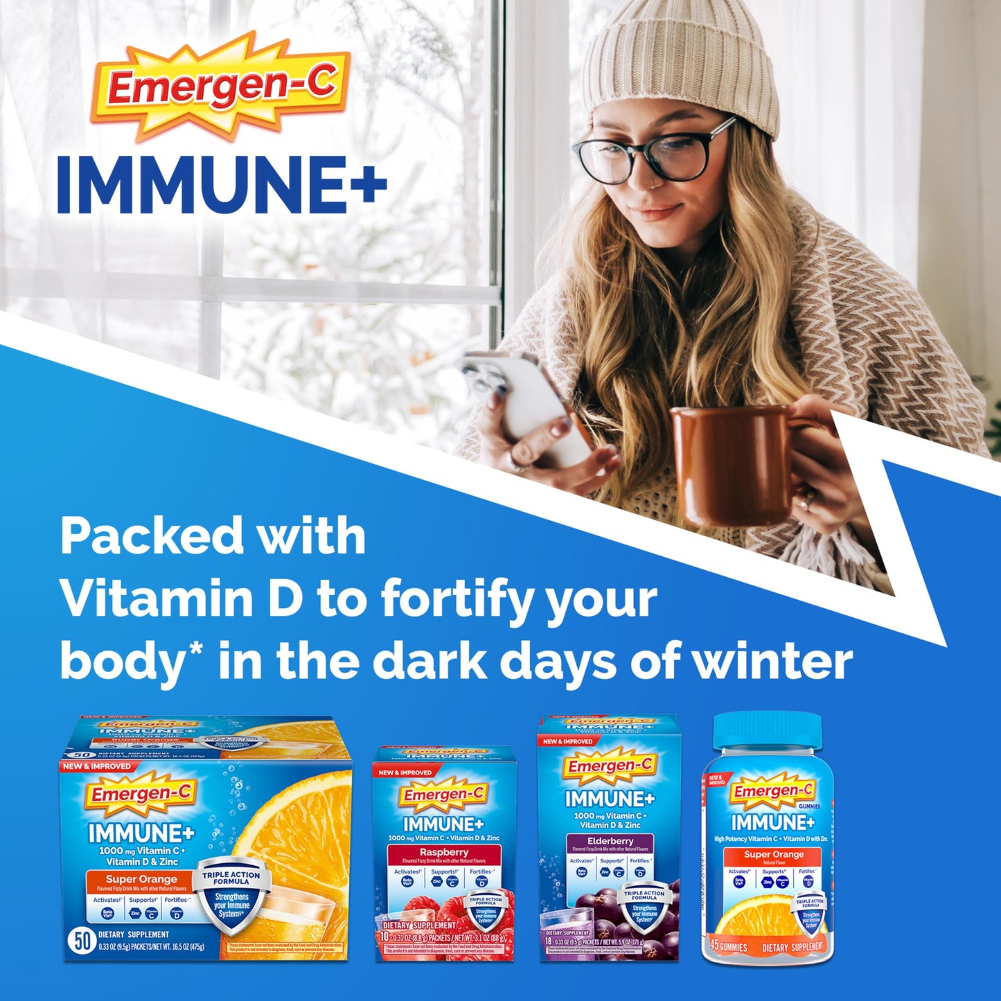 Emergen-C Immune+ Triple Action Immune Support Powder, 9.9 Ounce