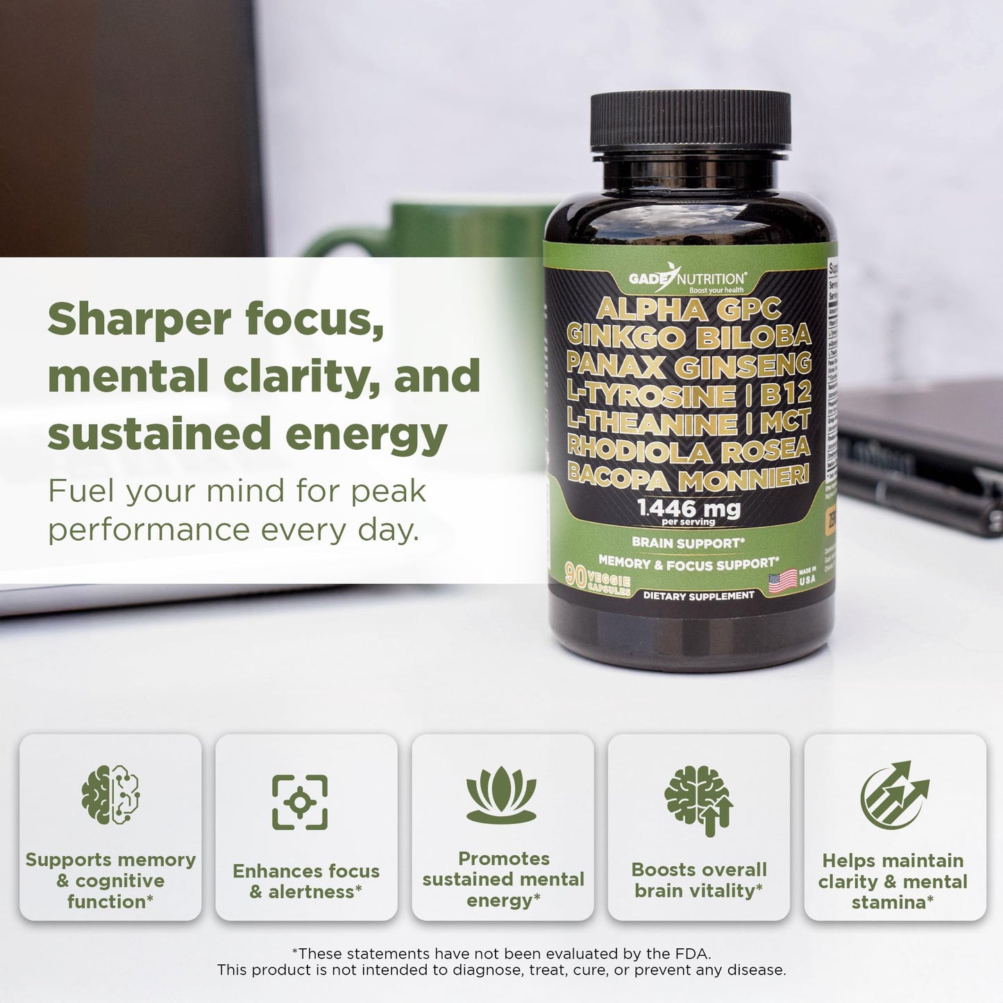 GADE NUTRITION Alpha GPC + Ginkgo Biloba + Panax Ginseng + L-Tyrosine, L-Theanine, Bacopa Monnieri, Rhodiola Rosea, B12, MCT, 90 Capsules