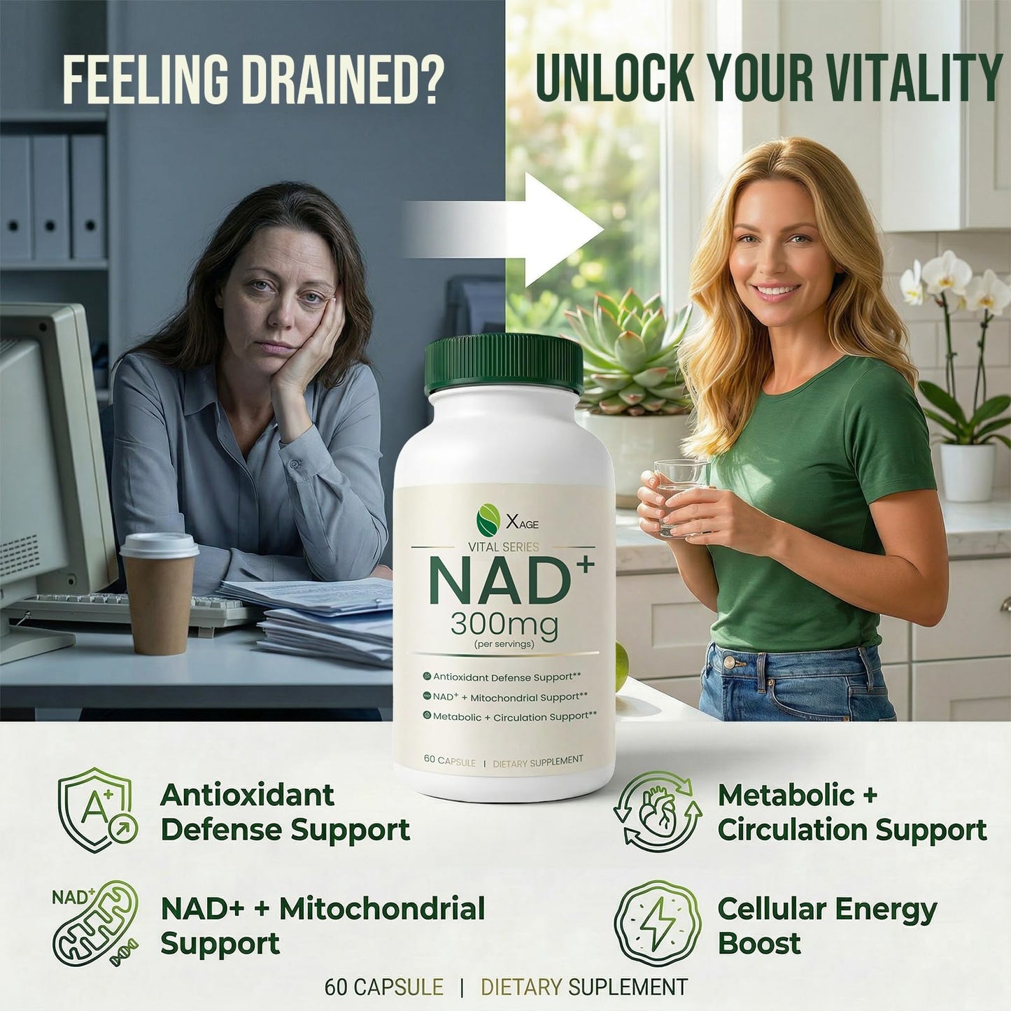 XAGE NAD+ Supplement with PQQ, Quercetin & EGCG for Cellular Energy Capsule, 60 Count