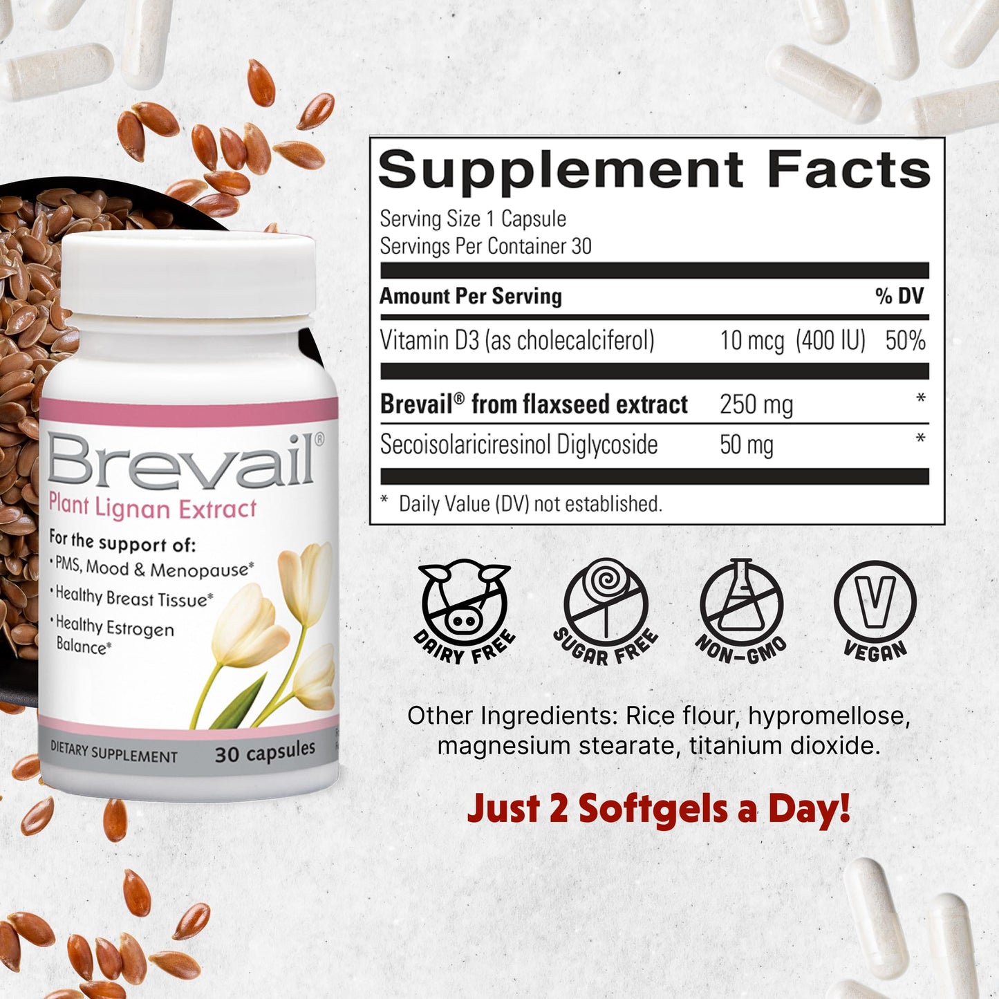 Barlean's Brevail Plant Lignan Extract Supplements Capsules 30 Count