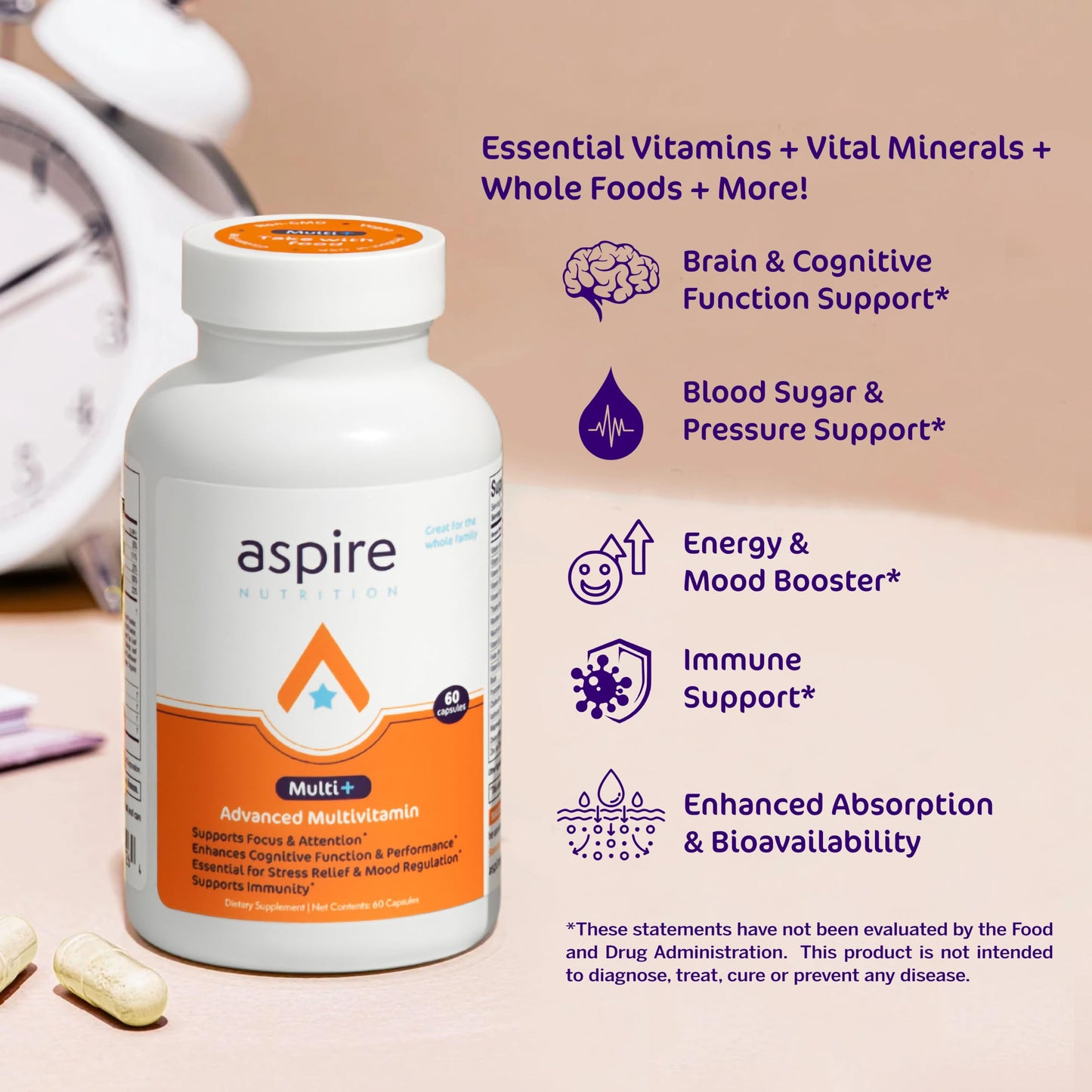 Aspire Nutrition Aspire Multi+ Advanced Multivitamin for Men, Women & Kids Capsules, 60 Count