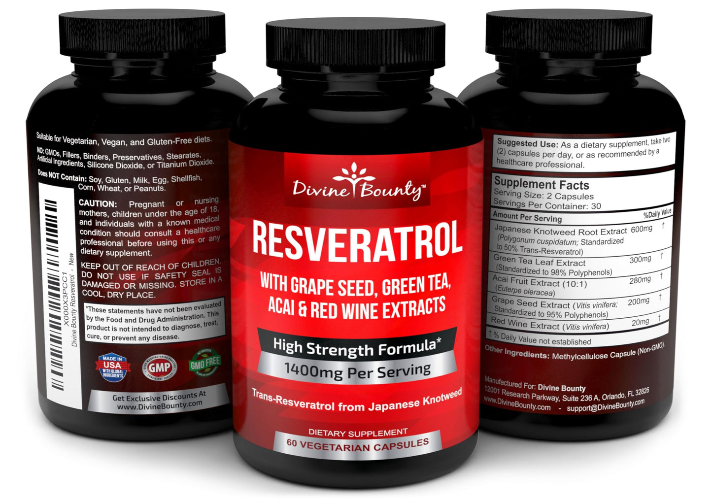 Divine Bounty Resveratrol 1400mg with Green Tea Extract & Grape Seed Capsule, 60 Capsules
