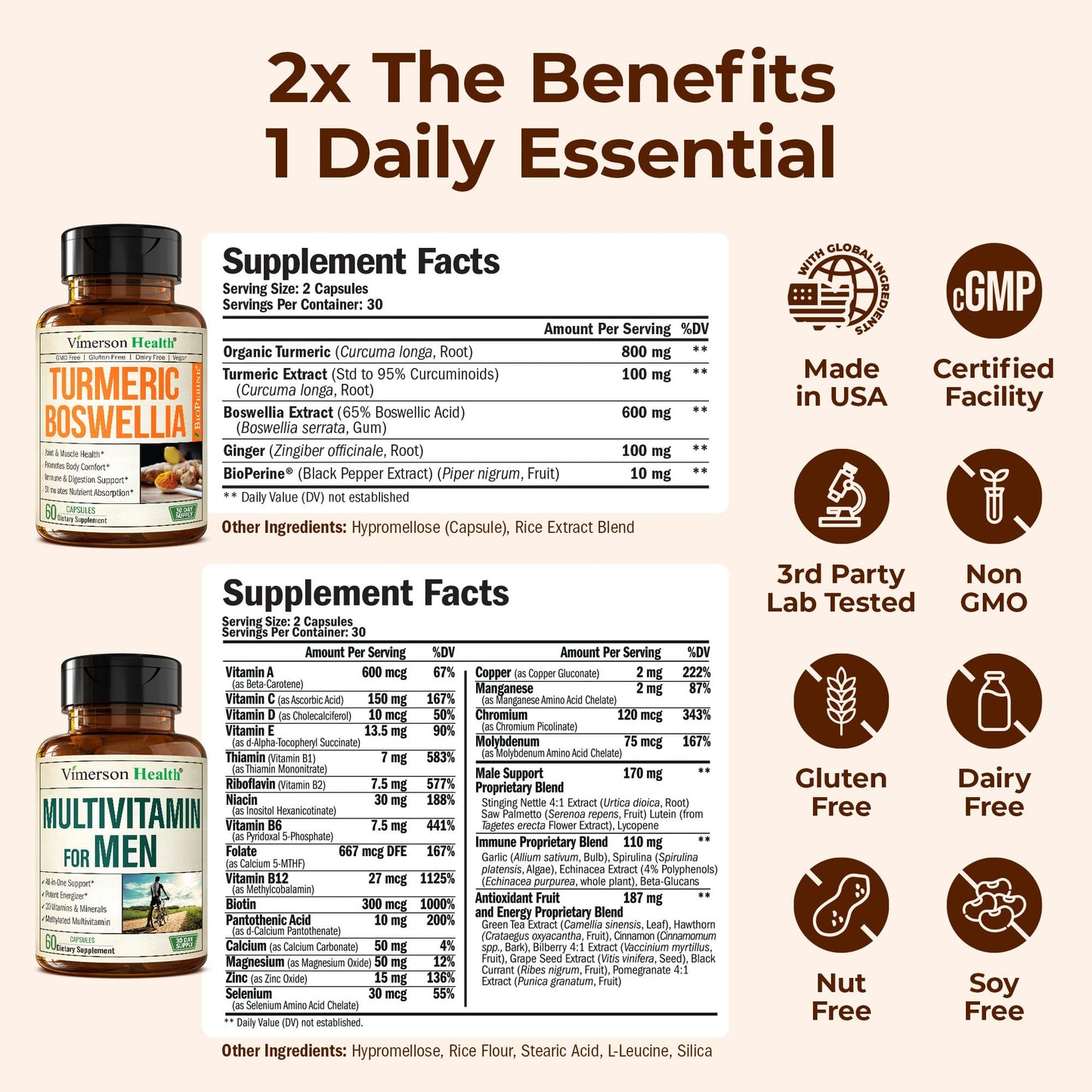 Vimerson Health Boswellia Turmeric Curcumin Supplement + Multivitamin for Men Bundle Capsule 120 Count