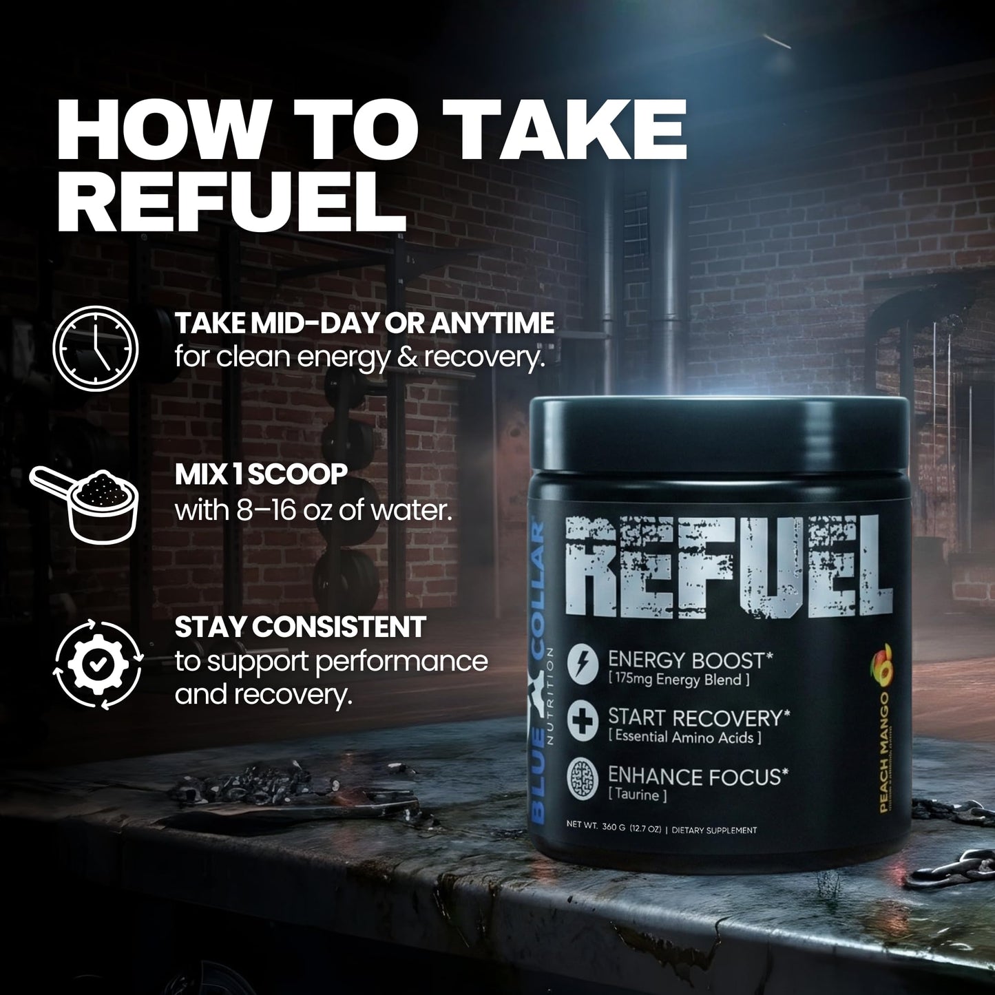 BLUE COLLAR NUTRITION Refuel Energy Drink EAA Recovery Powder, 40 Servings