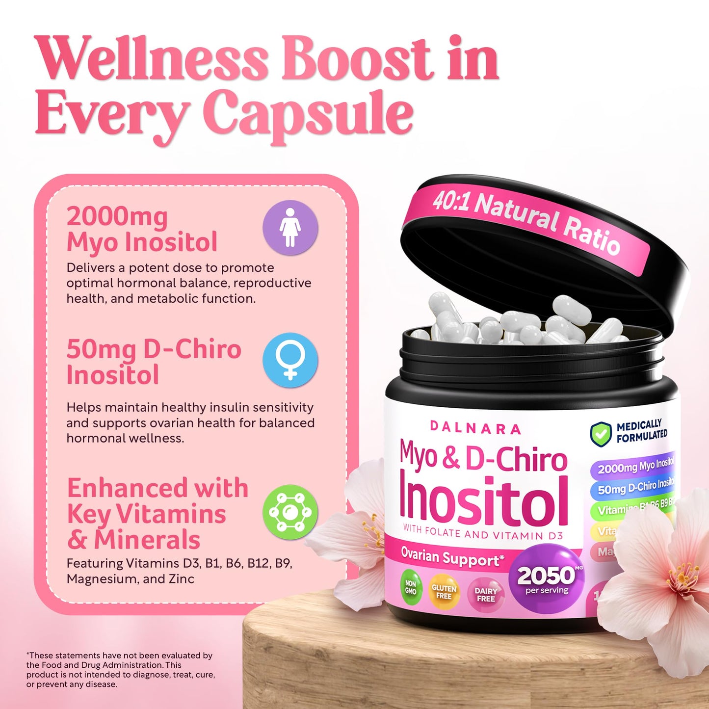 Dalnara Myo-Inositol & D-Chiro Inositol Supplement for Women - 40:1 Ratio Inositol Capsules - 2050mg, 240 Count