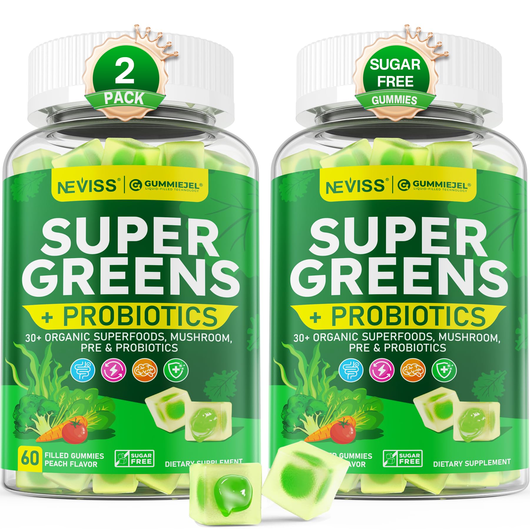 NEVISS Organic Super Greens Daily Superfood Gummies with Probiotics, 120 Count