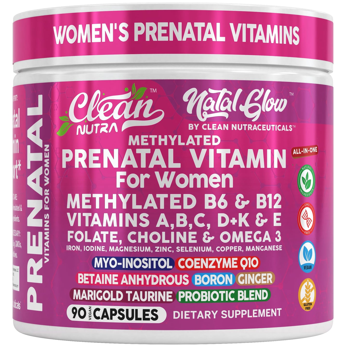 Clean Nutraceuticals Natal Glow Methylated Prenatal Vitamins for Women Capsules 90 Count