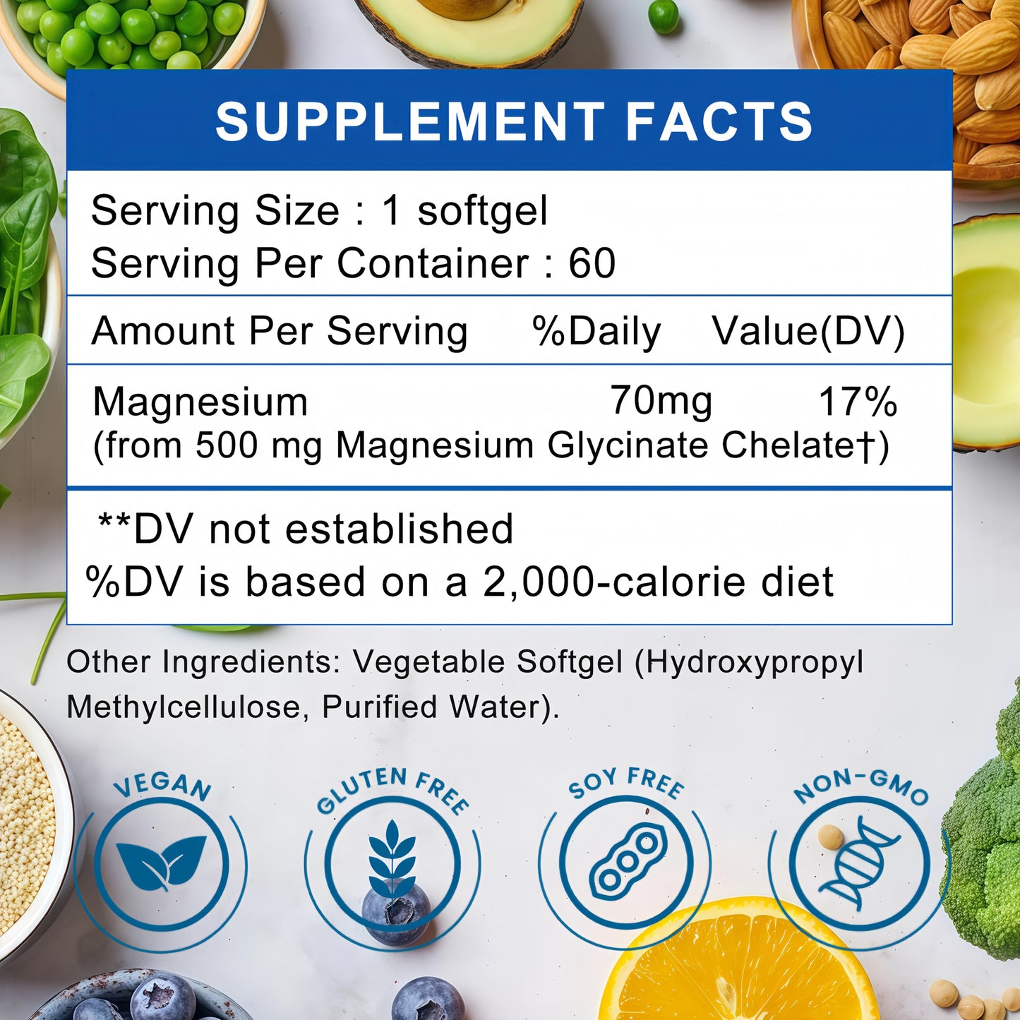 TriPurris Magnesium Glycinate 500mg Supplement Softgel, 60 Count