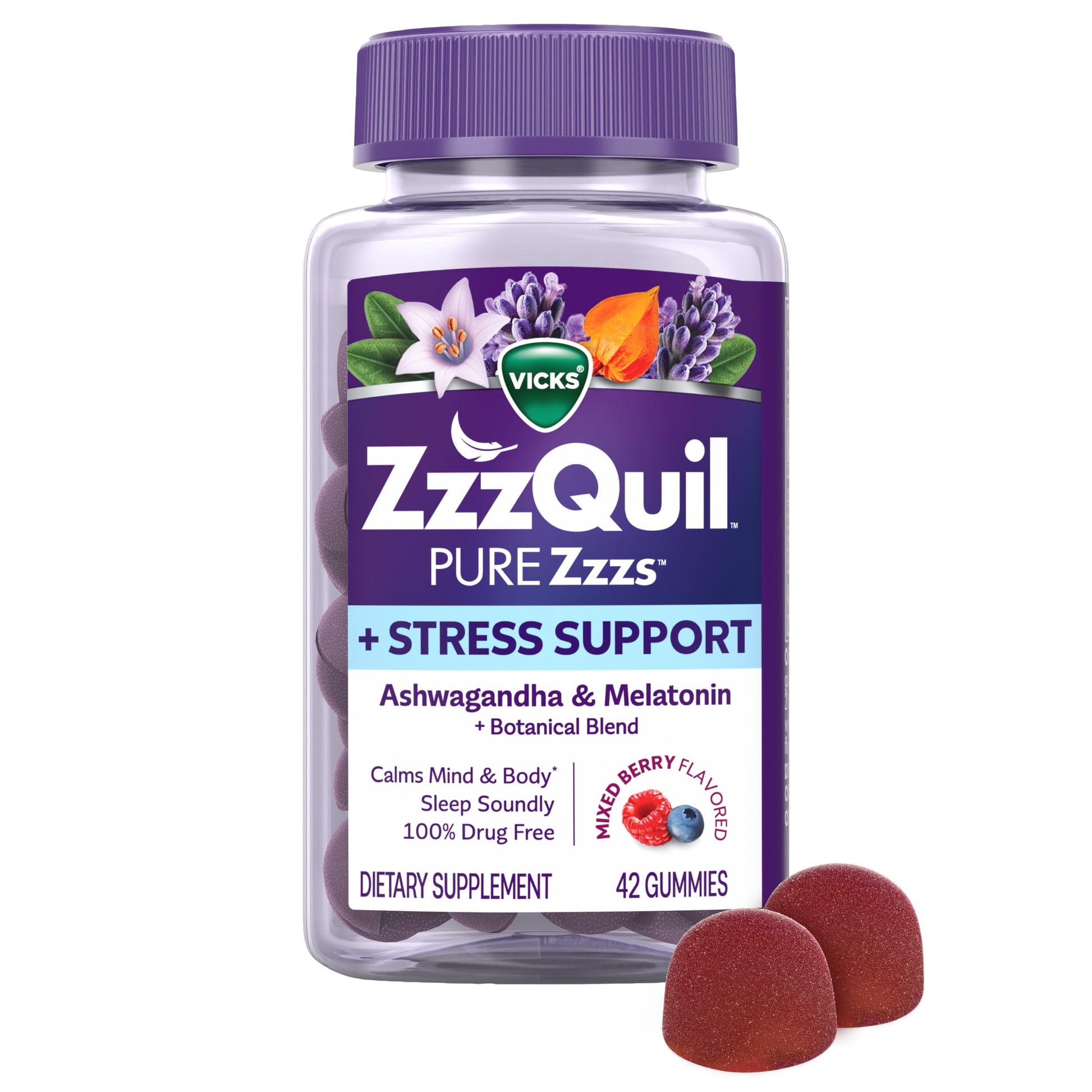 ZzzQuil PURE Zzzs De-Stress Melatonin Sleep Aid Gummies, 42 Count