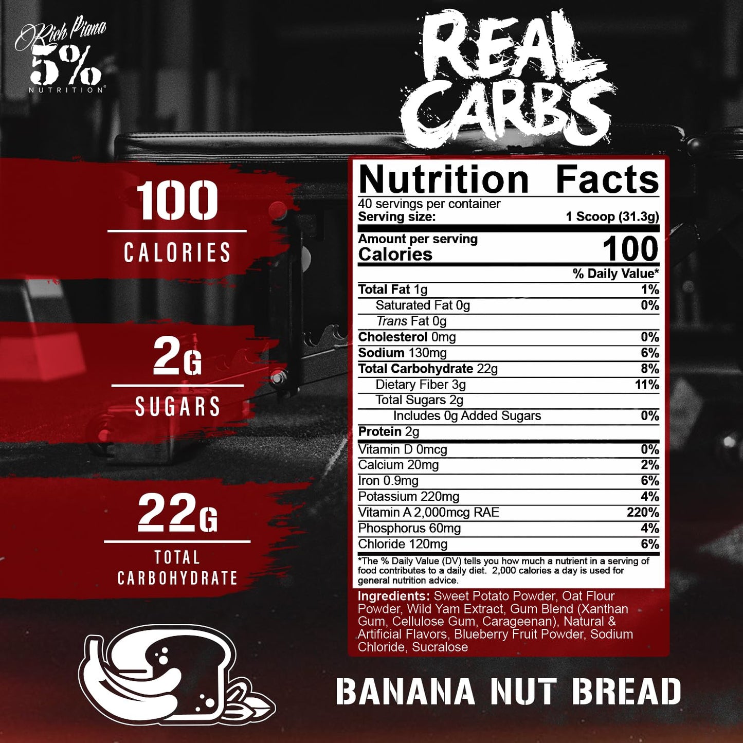 5% Nutrition Rich Piana Real Carbs with Real Food Complex Carb Powder, Banana Nut Bread, 40 Servings