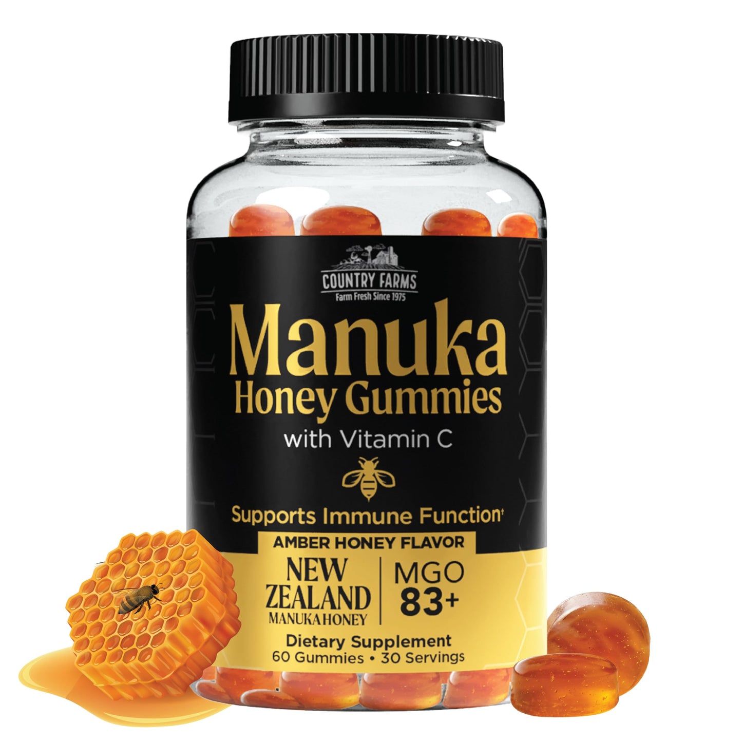 Country Farms Manuka Honey Gummies with Vitamin C – New Zealand MGO 83+ – Immune Support, 60 Gummies