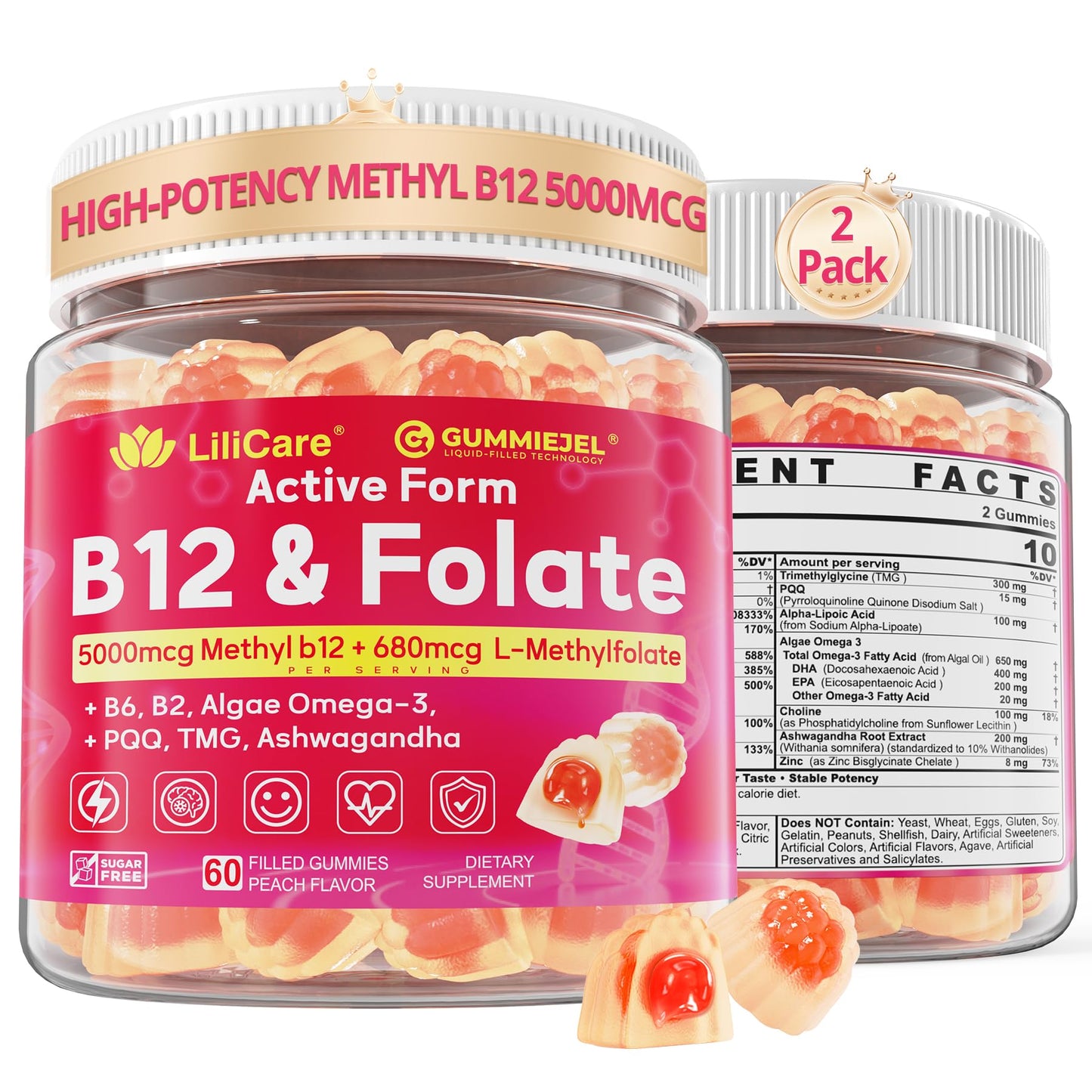 LILICARE Methyl B12 5000mcg & L-Methylfolate Gummies, 120 Gummies