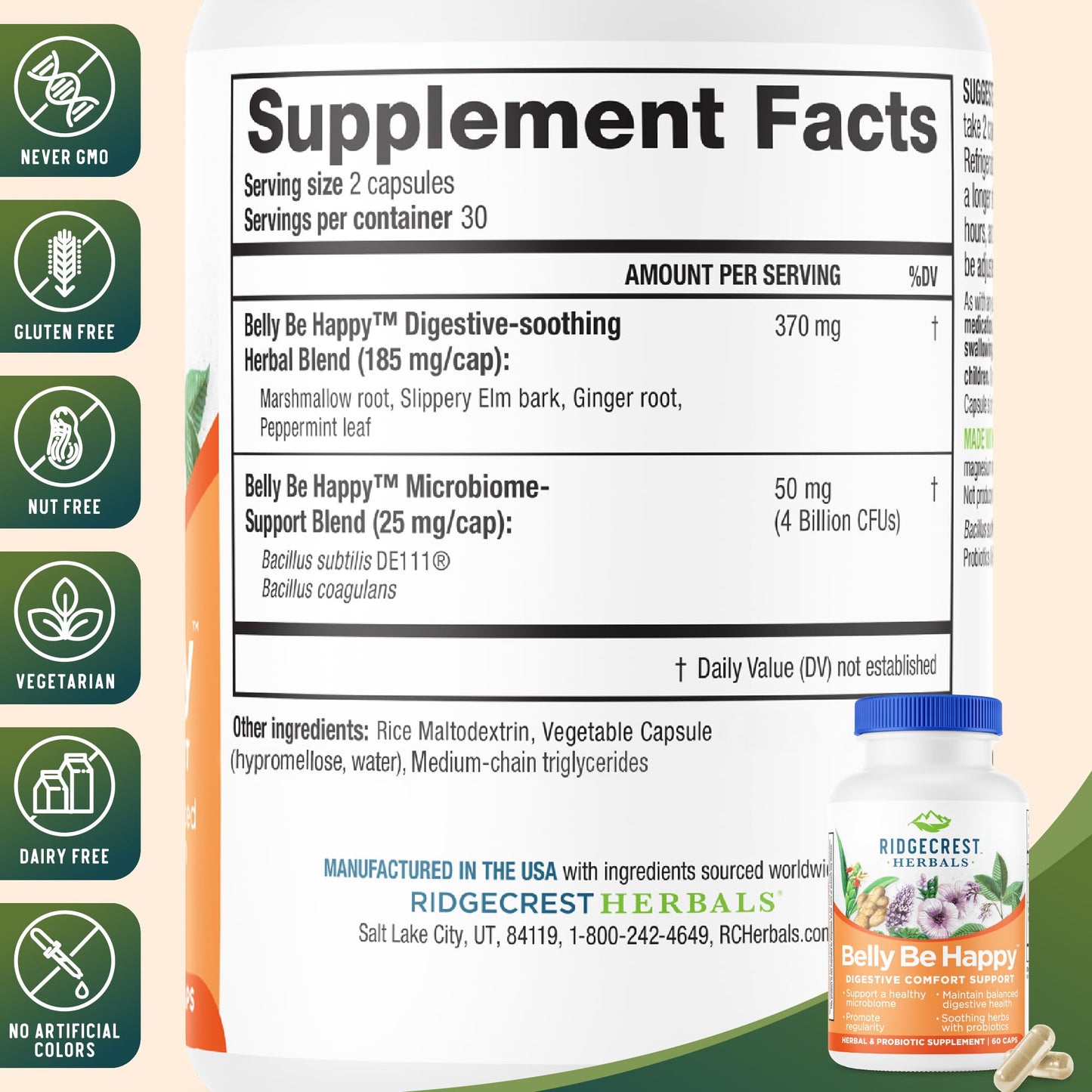 RidgeCrest Herbals Belly Be Happy Probiotic Capsule 60 Count