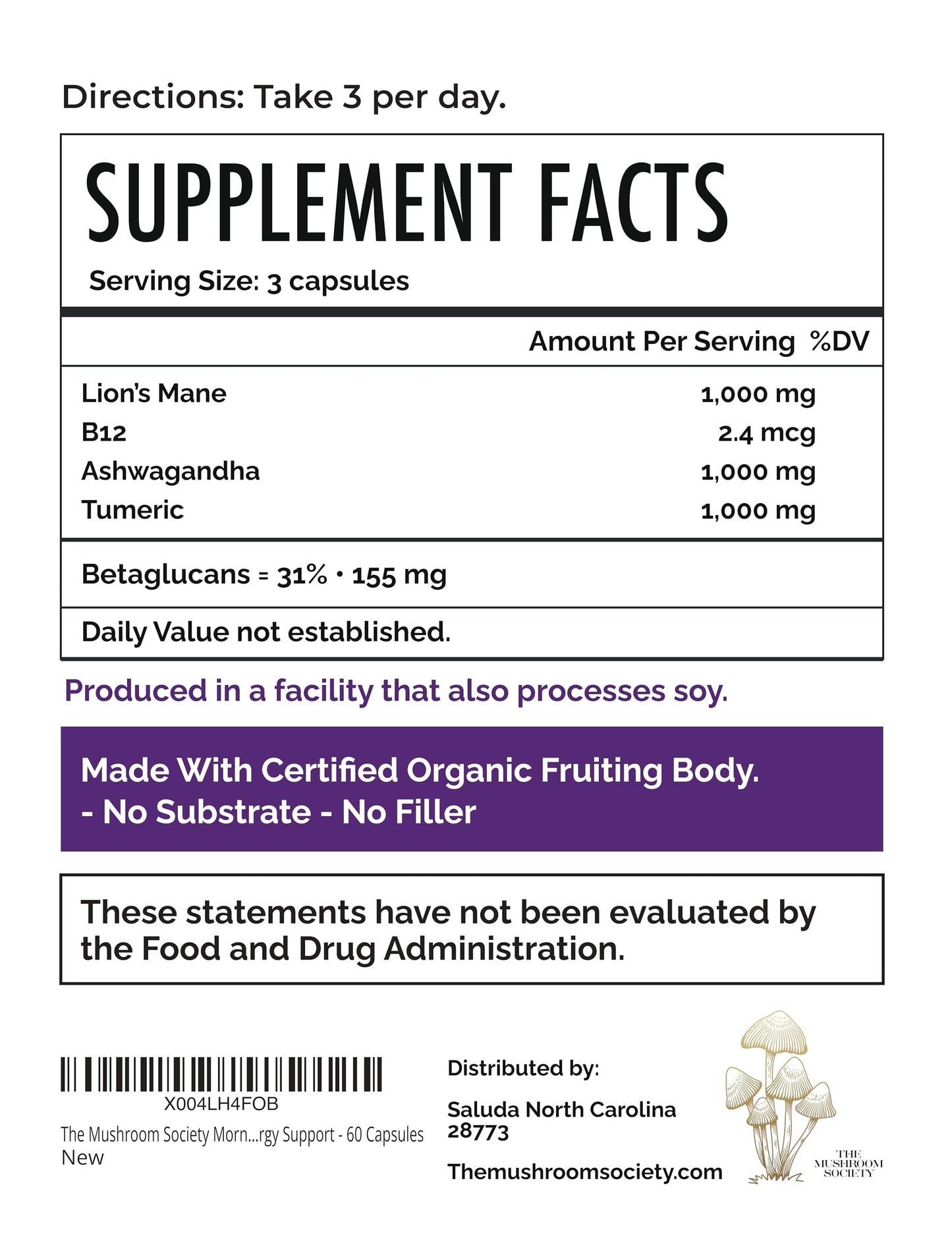 The Mushroom Society Morning Rush Lion’s Mane, Ashwagandha, Turmeric & B12 Extract Blend Supplement Capsules 60