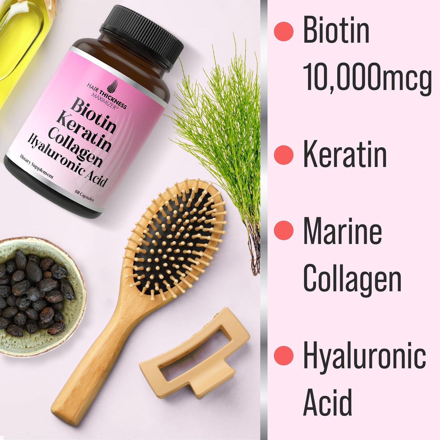 Hair Thickness Maximizer Biotin + Keratin + Marine Collagen + Hyaluronic Acid 4-in-1 Hair Growth Vitamins Capsules, 60 Count