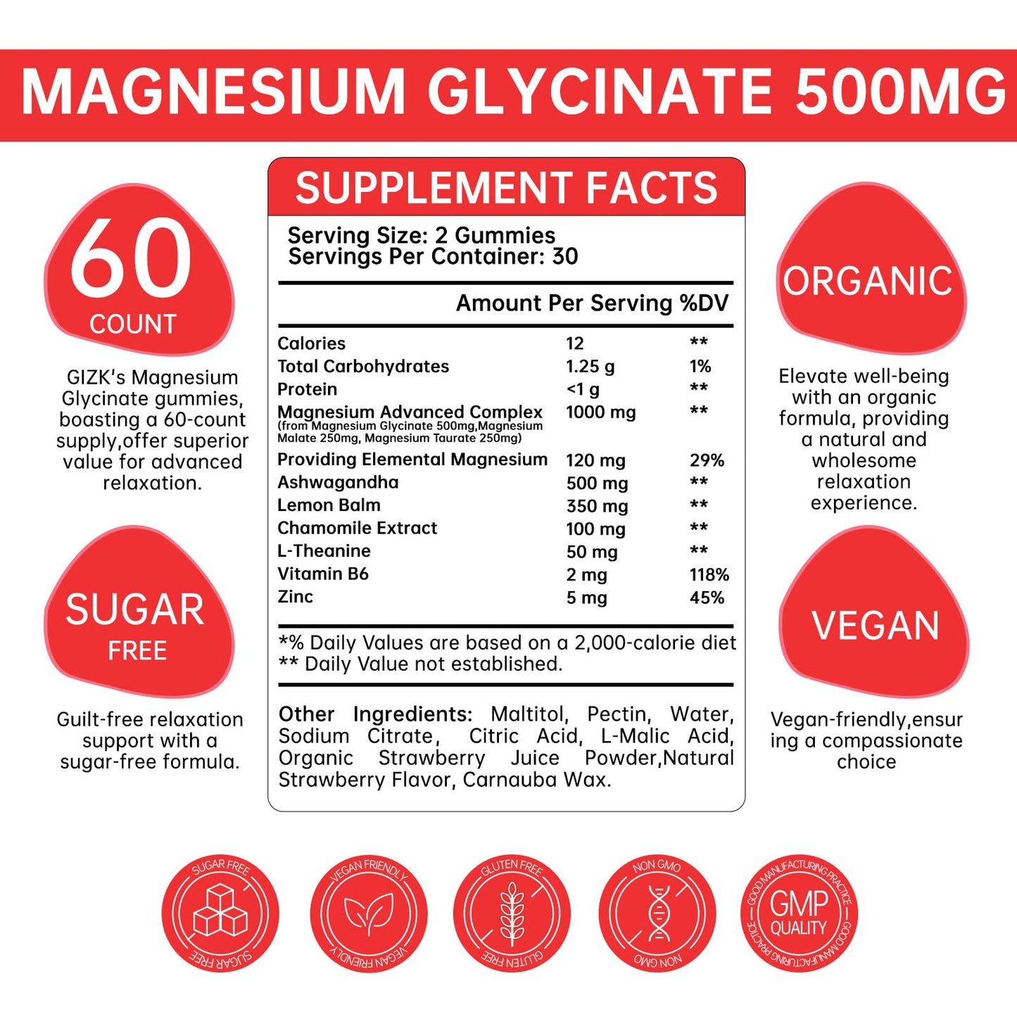 SAYIDON Magnesium Glycinate Gummies 500mg, Sugar Free Strawberry Flavor, 60 Count