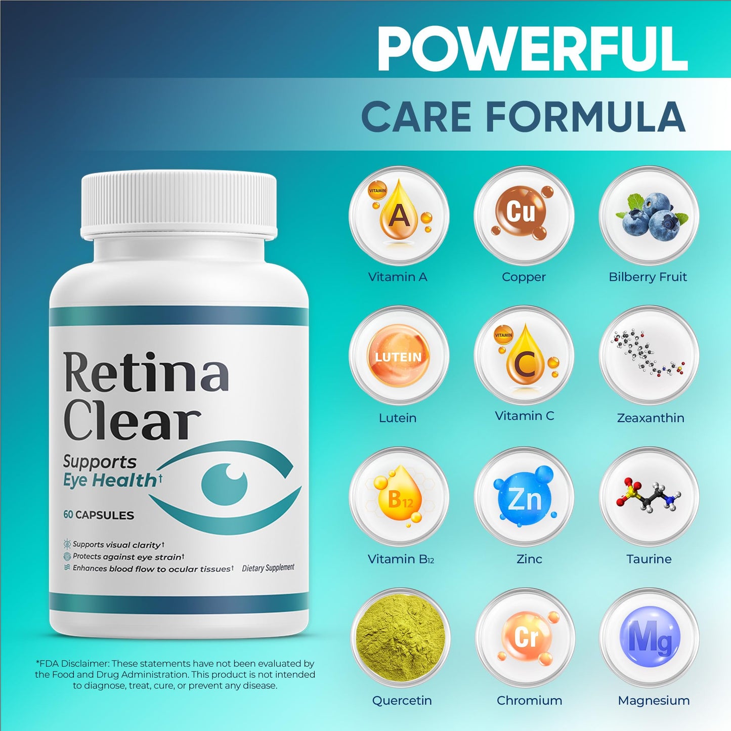 Retina Clear Vision Support Supplement with Lutein, Zeaxanthin, Quercetin, Vitamin A, Zinc & Bilberry, 180 Capsules
