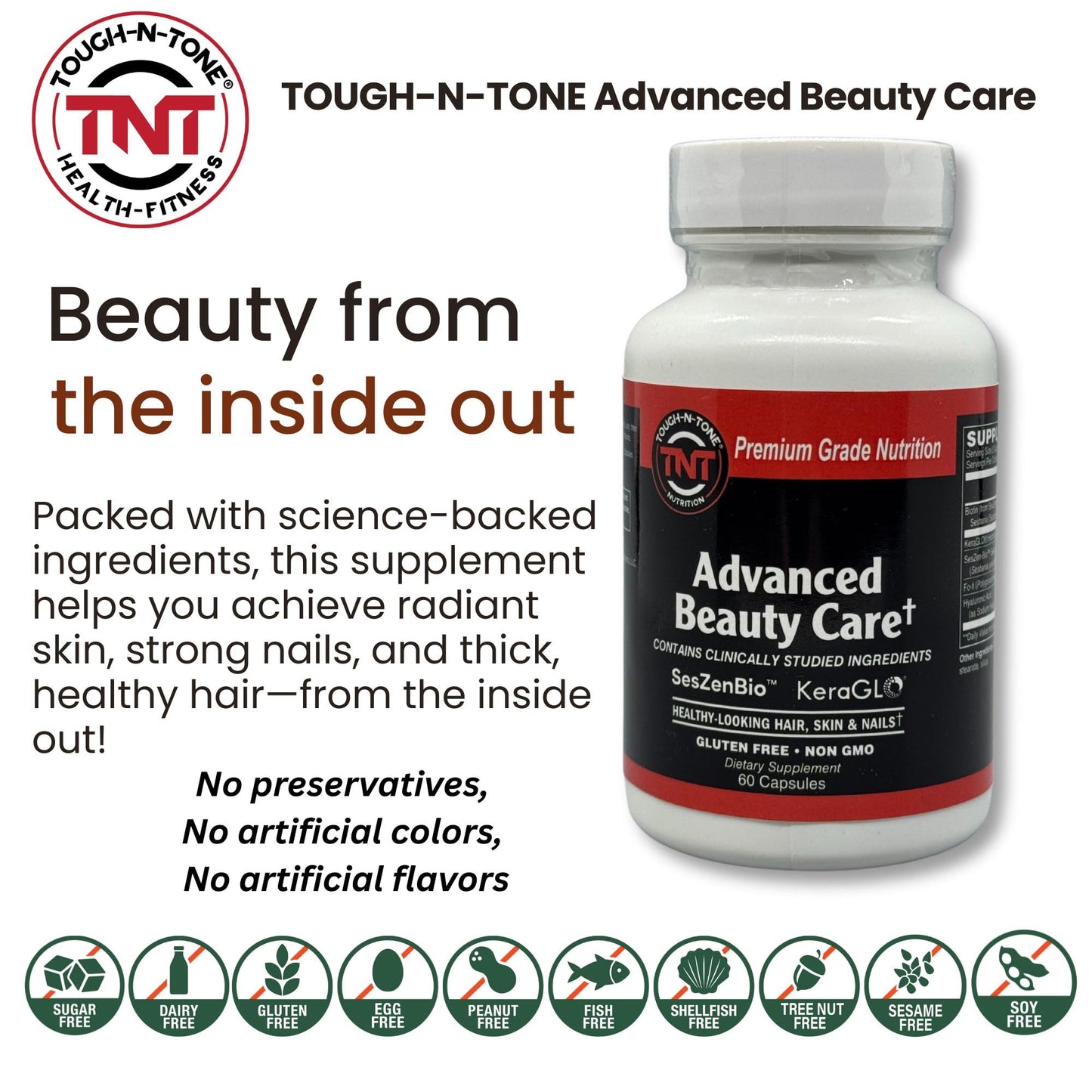 TOUGH-N-TONE Advanced Beauty Care – Vegan Biotin with SesZen-Bio®, KeraGLO® Keratin, Fo-Ti & Hyaluronic Acid – Hair, Skin & Nail Support Supplement – Non-GMO & Gluten-Free, 60 Capsules