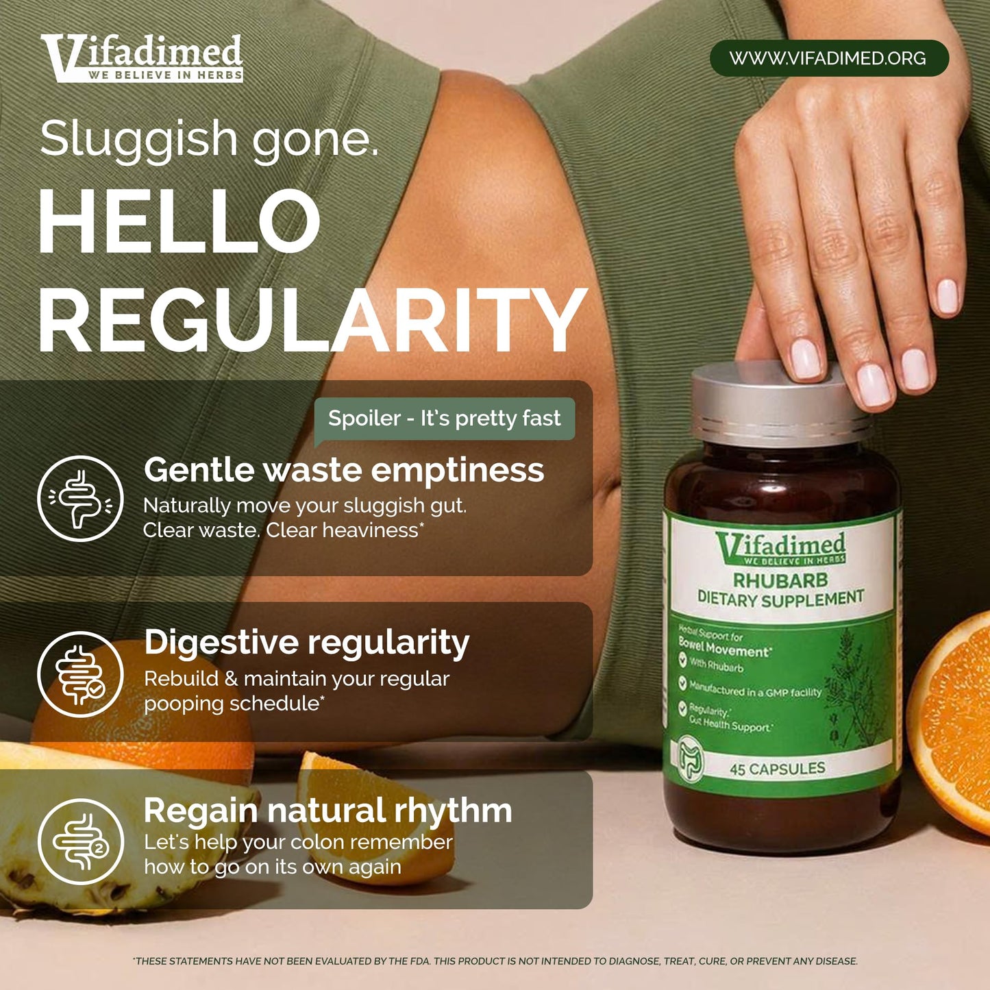 VIFADIMED Rhubarb Bowel Movement & Constipation Relief Prokinetics Gut Motility Activator Capsule, 45 Capsules