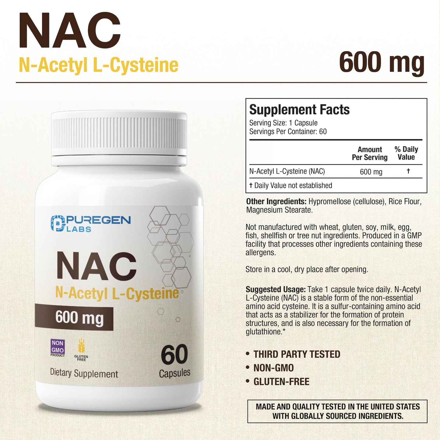 P Puregen Labs N-Acetyl-L-Cysteine (NAC) 600mg Vegetarian Capsules 120