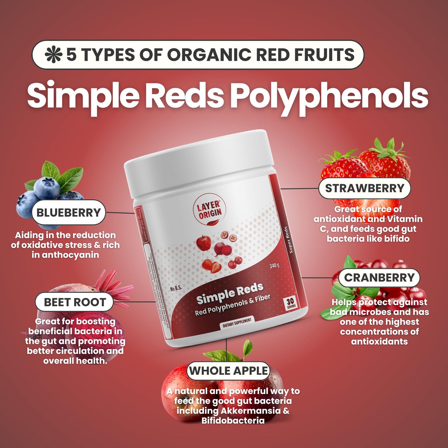 Layer Origin Simple Reds - Organic Red Polyphenols Whole Fruit Powder, 8.47 Ounce