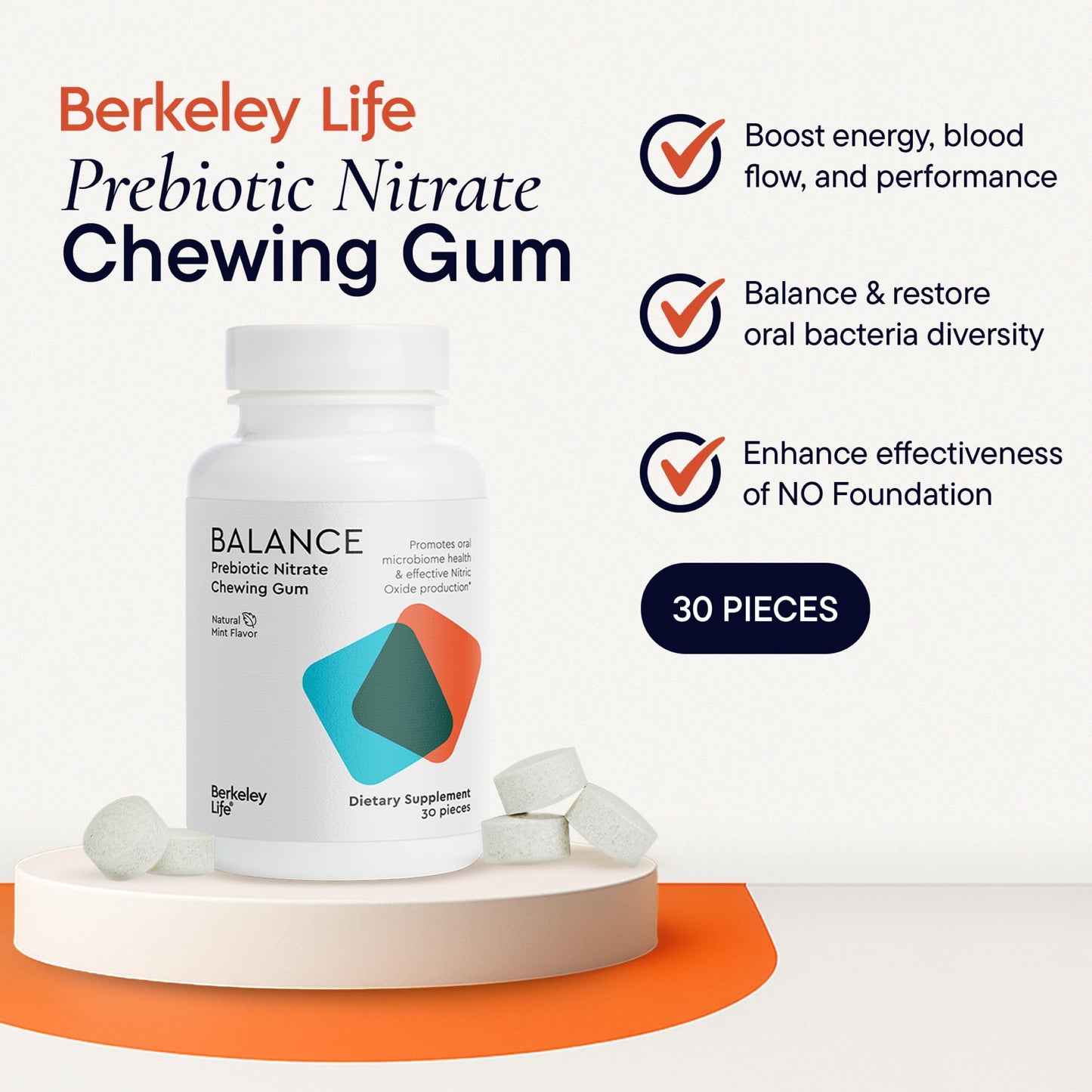 Berkeley Life Prebiotic Nitrate Mint Chewing Gum, 30-Piece