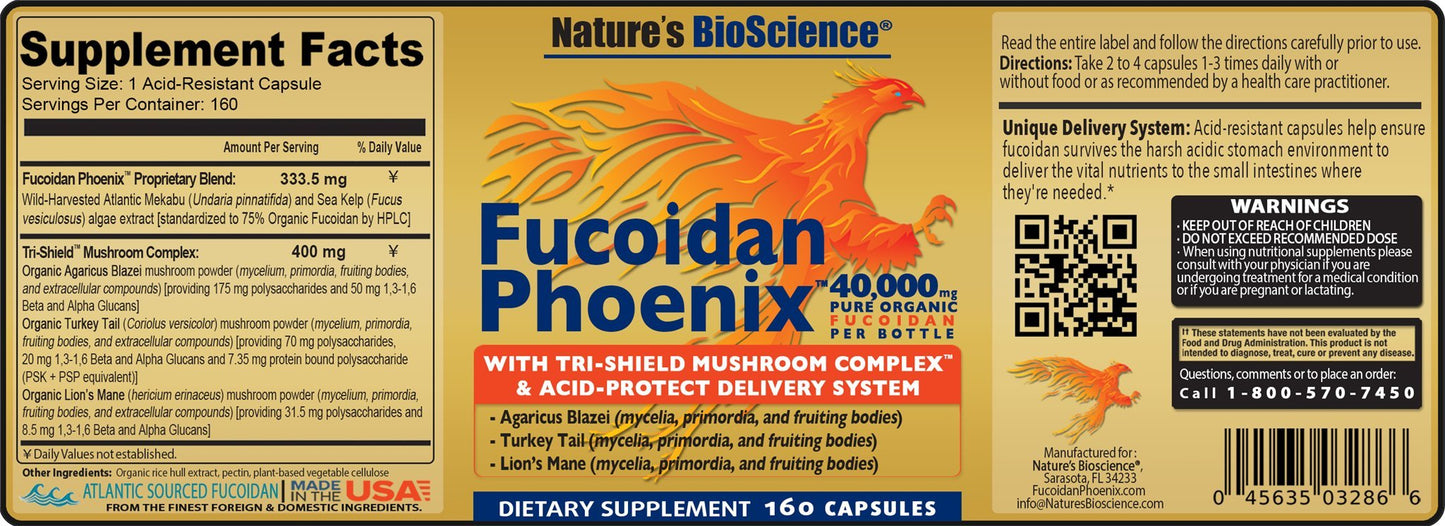 Nature's Bioscience FUCOIDAN Phoenix Advanced Pure Organic Fucoidan + Pure Mushroom Capsule, 160 Count
