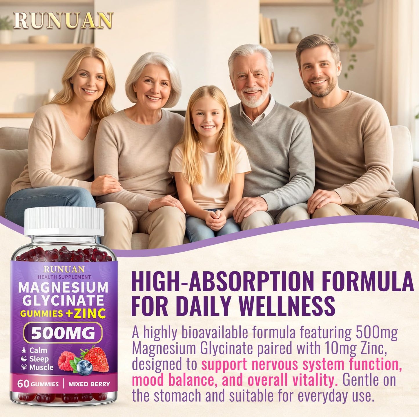 RUNUAN Magnesium Glycinate Zinc Gummies, 120 Gummies