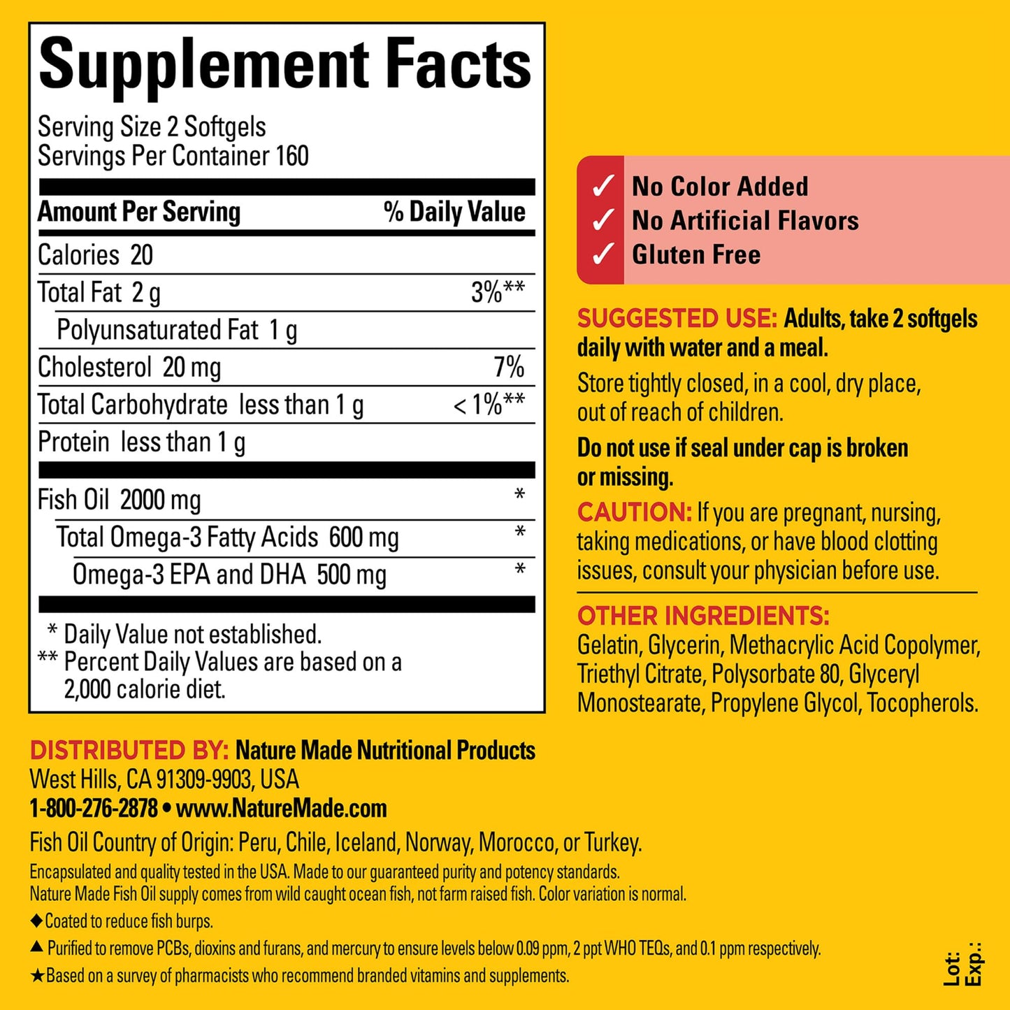 Nature Made Burp Less Fish Oil Omega-3 Supplements Softgels 320 Count