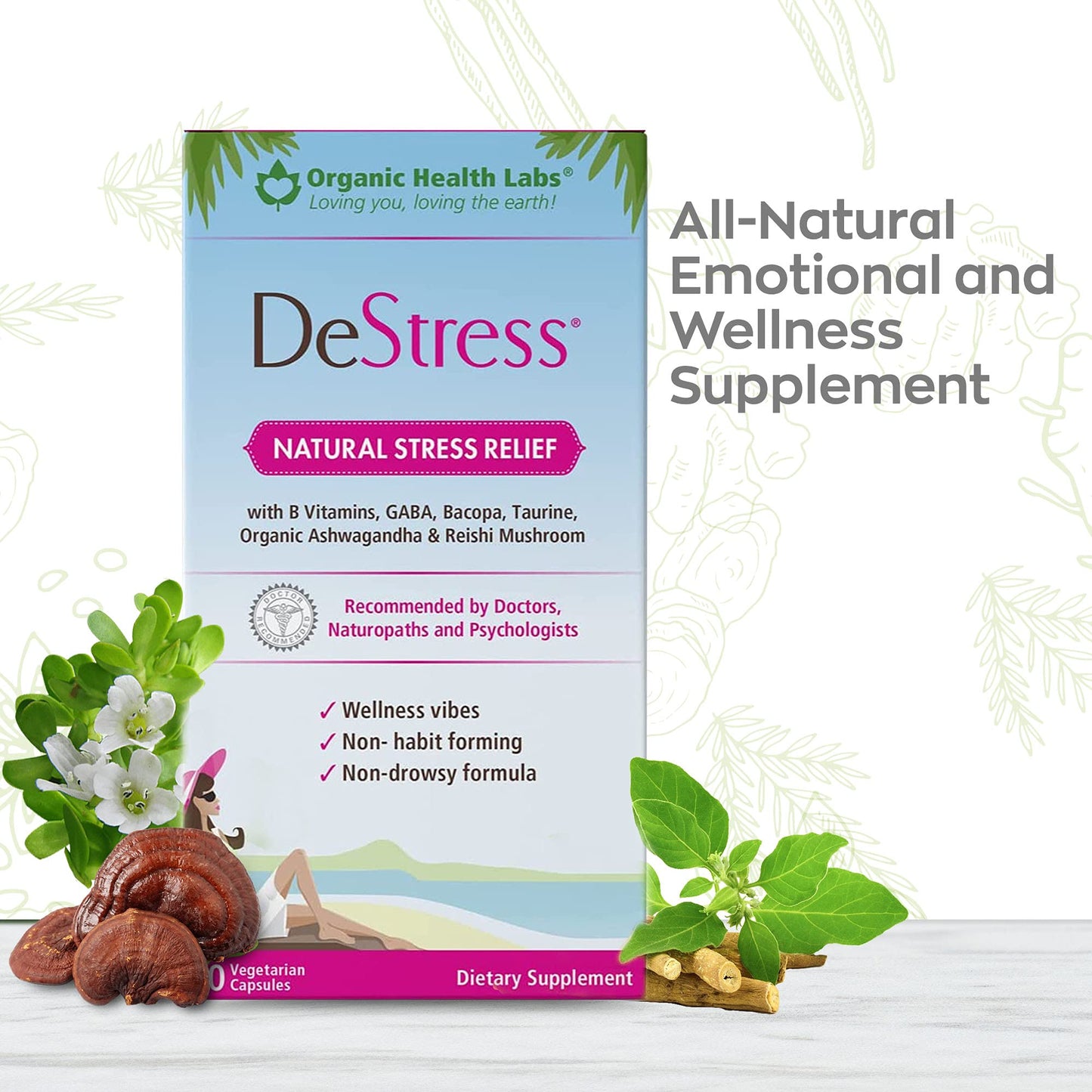 Organic Health Labs DeStress All-Natural Veggie Capsules with B Vitamins, Magnesium, Ashwagandha and L-Theanine, Anxiety Relief, Stress Relief Supplement, 30 Capsules