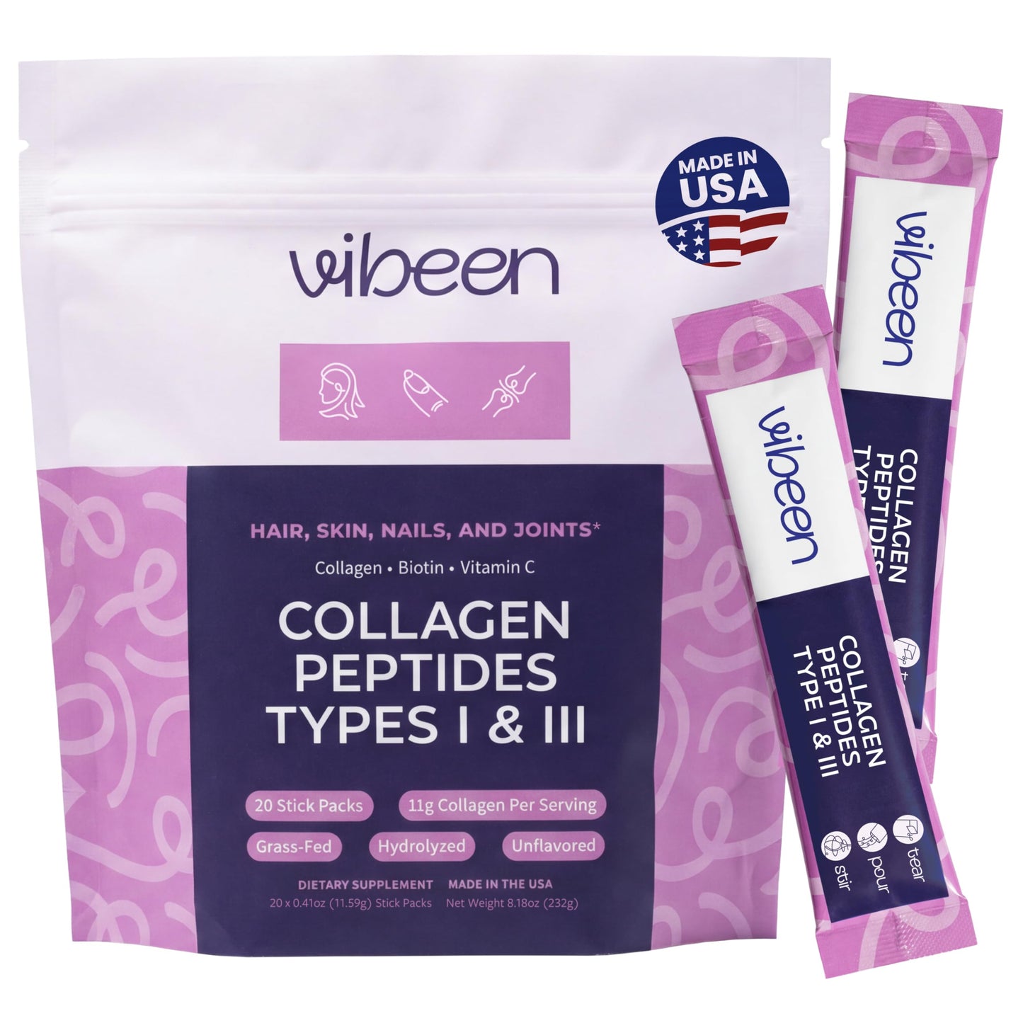 VIBEEN Hydrolyzed Collagen Peptides Powder 8.18 Ounce