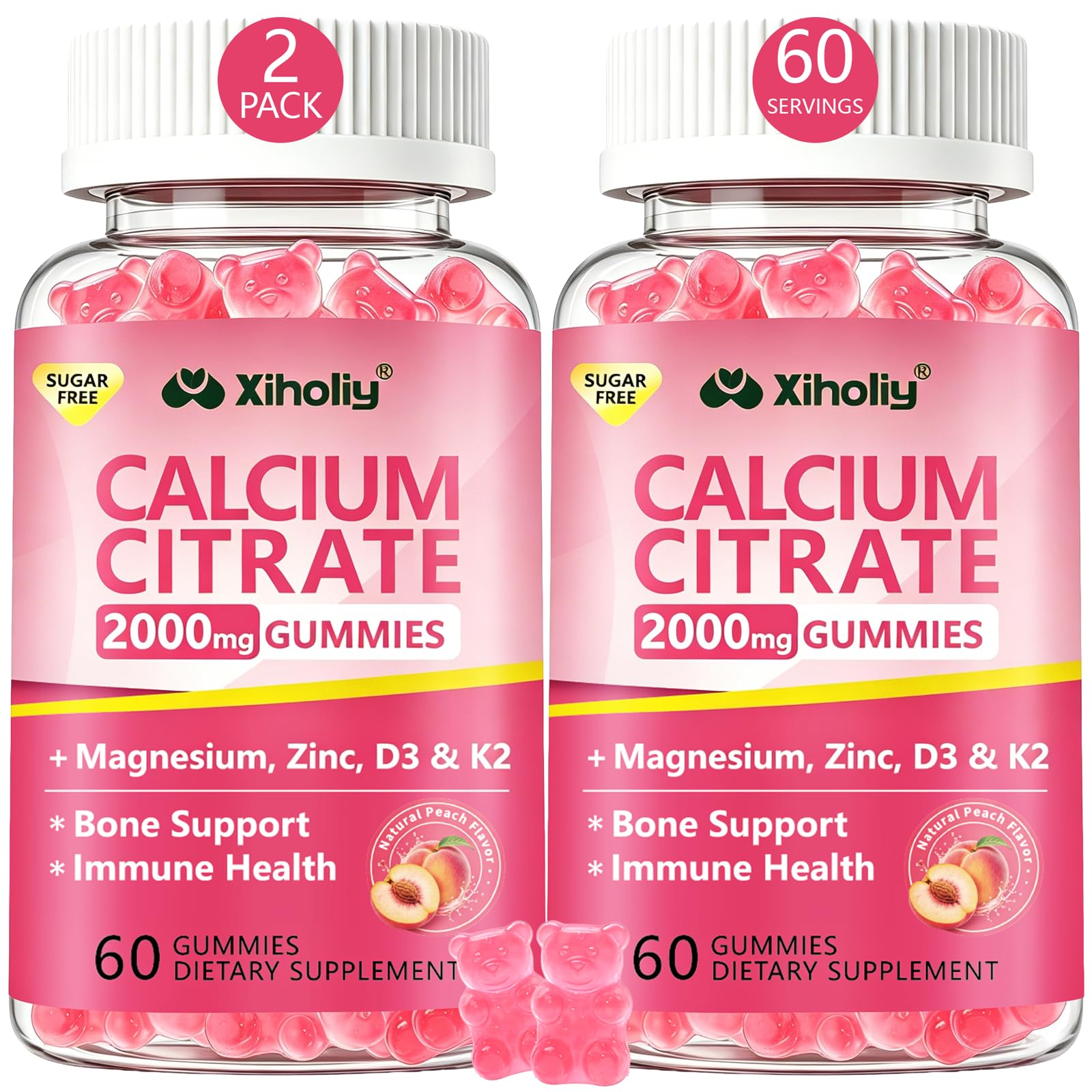 XIHOLIY Calcium Citrate Gummies 2000mg Chewable Calcium Gummy with Vitamin D3, K2, Magnesium, Zinc for Adults, Vegan, Non-GMO, 120 Chews