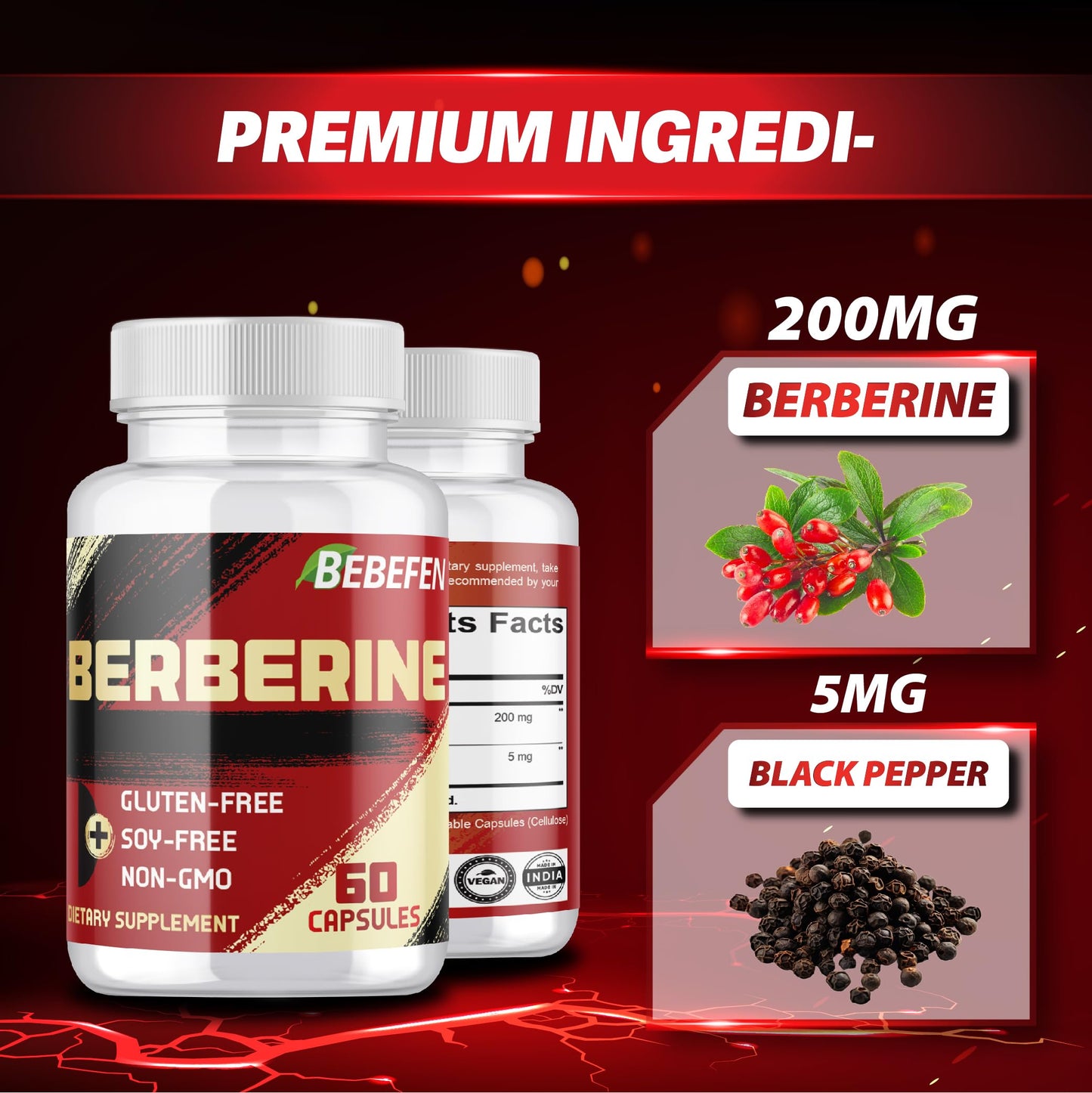 BEBEFEN Berberine HCL Supplement 60 Capsules, Non-GMO, Gluten Free