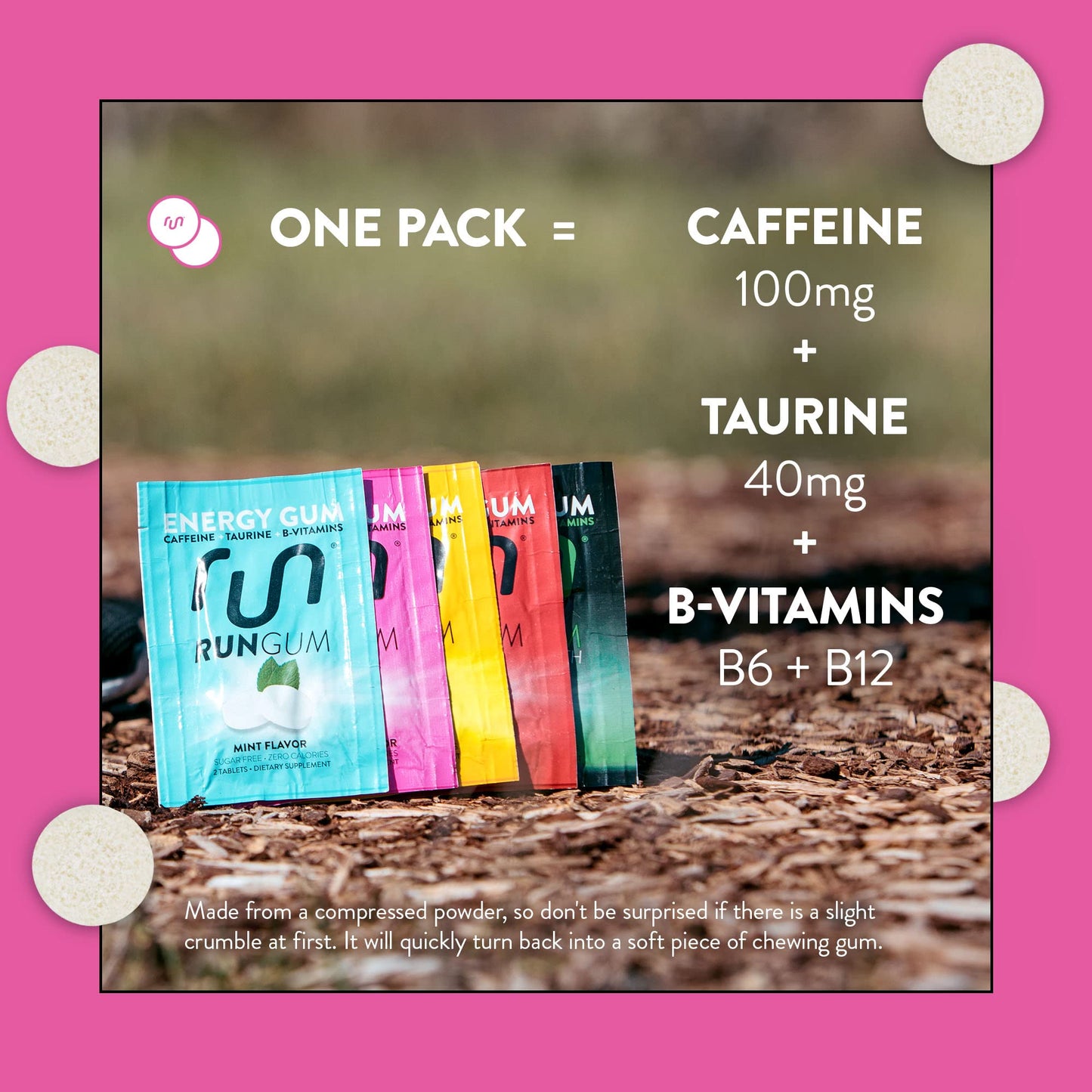 Run Gum Bubblegum Flavor Caffeinated Energy & Focus Gum Chewable 24 Pieces