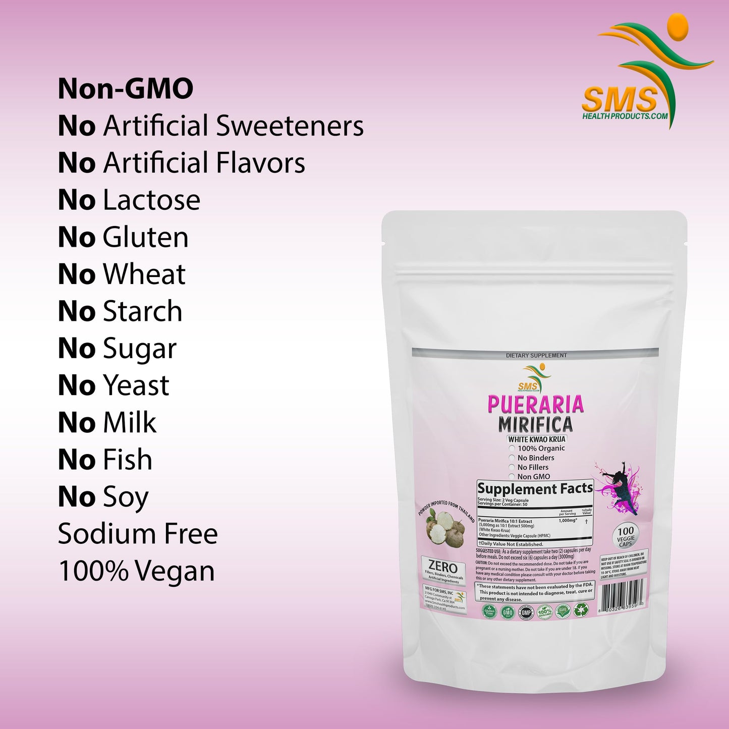 SMSHEALTHPRODUCTS.com Pueraria Mirifica White Extract Powder Capsule, 100 Count