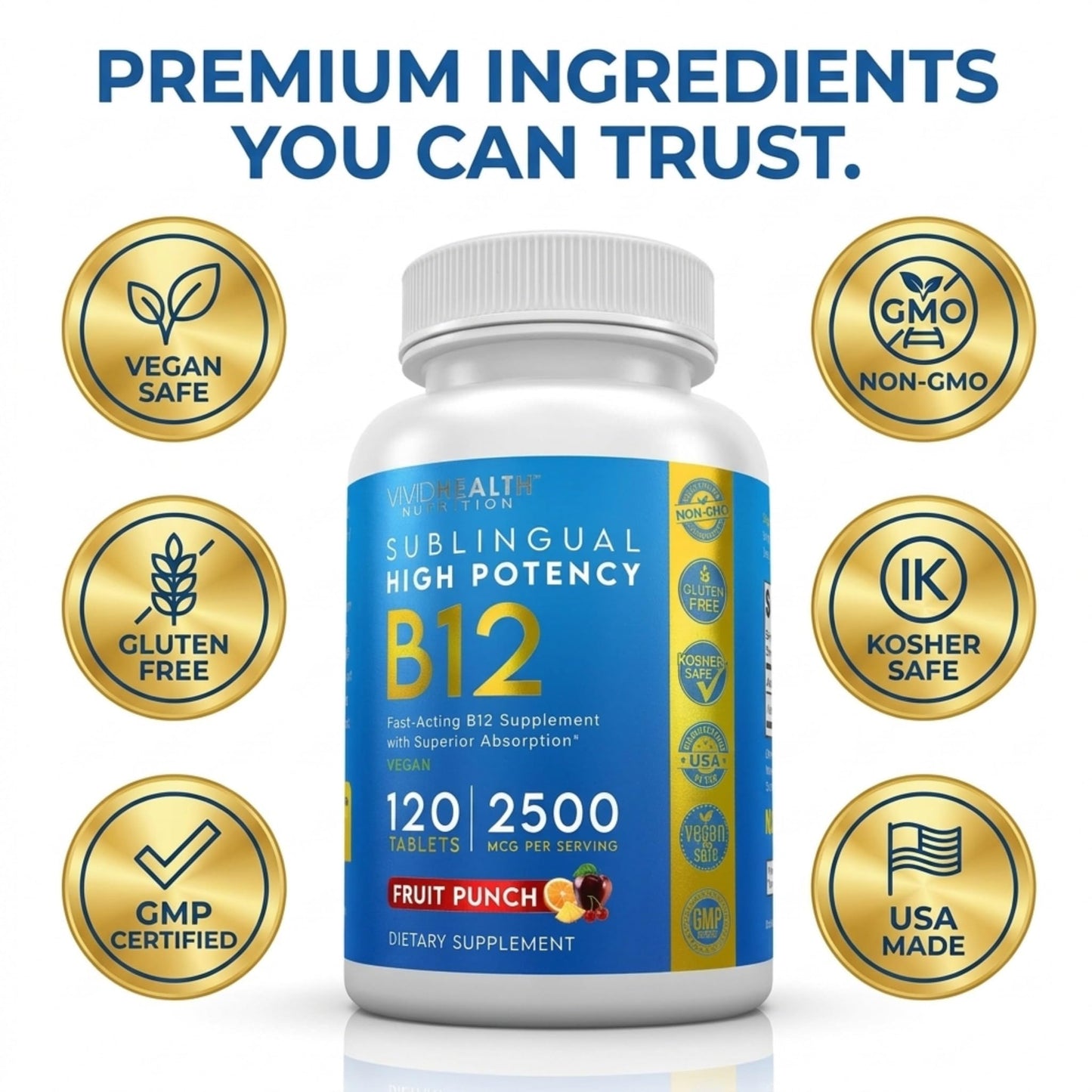 Vivid Health Nutrition Vitamin B12 Sublingual High Potency, Vegan B-12 with Methylcobalamin Tablet, 120 Tablets